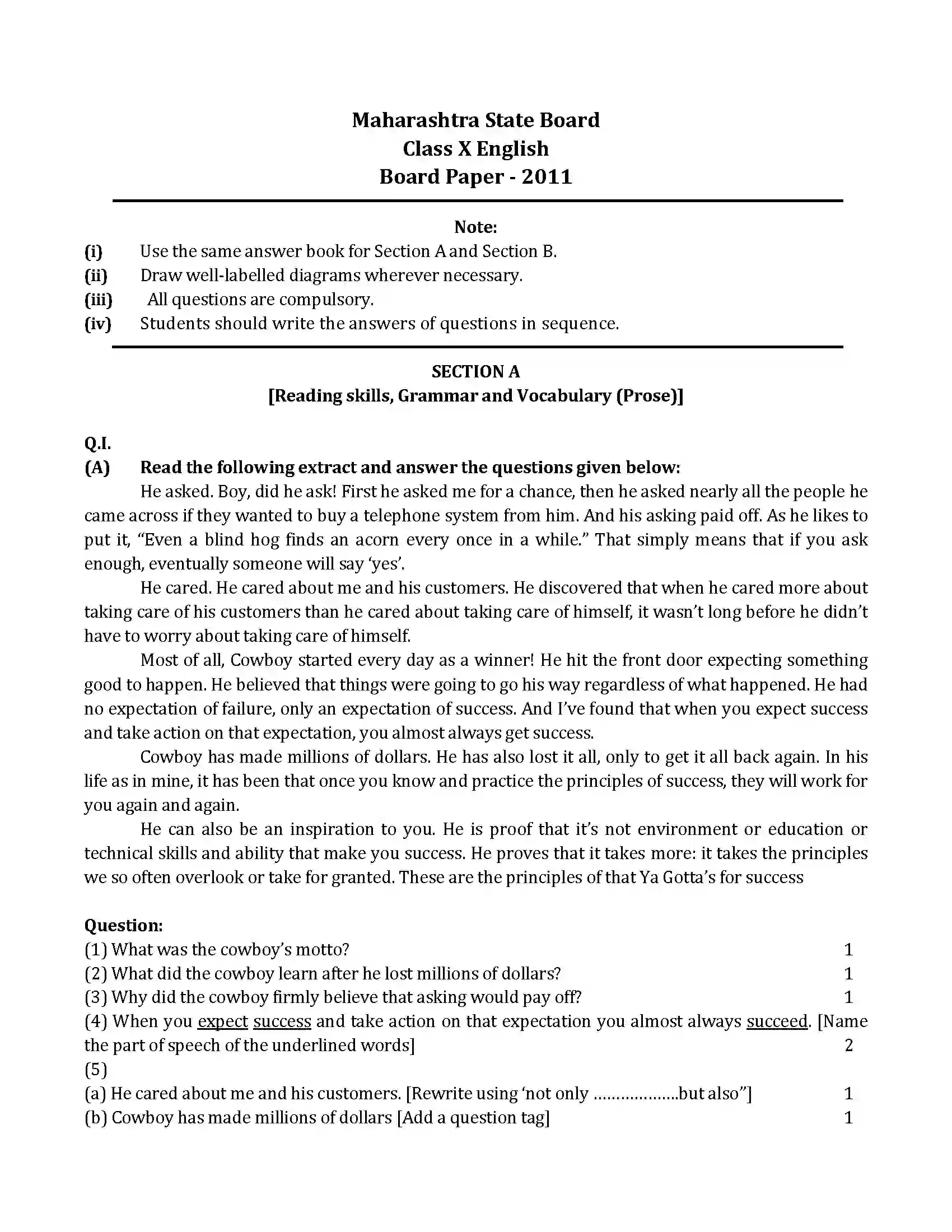 Maharashtra Board Class 10th 2011 English - 2011 Previous Year Paper 1