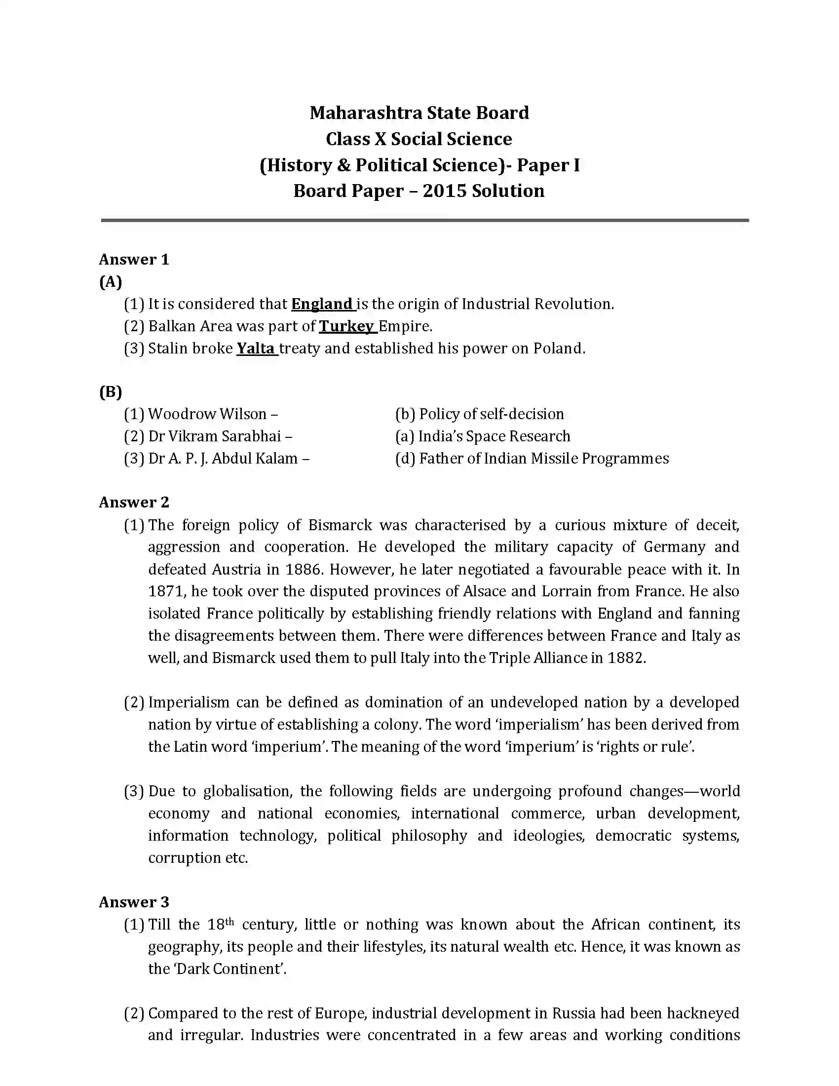 Maharashtra Board Class 10th 2015 History & Political Science - 2015 Previous Year Paper 3