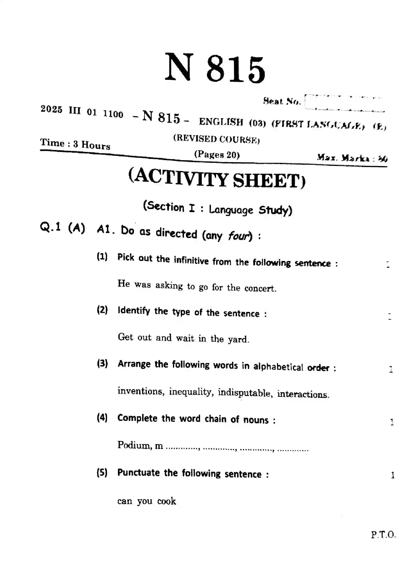 Maharashtra Board Class 10th 2025 English (FL) - N-815 Previous Year Paper 1