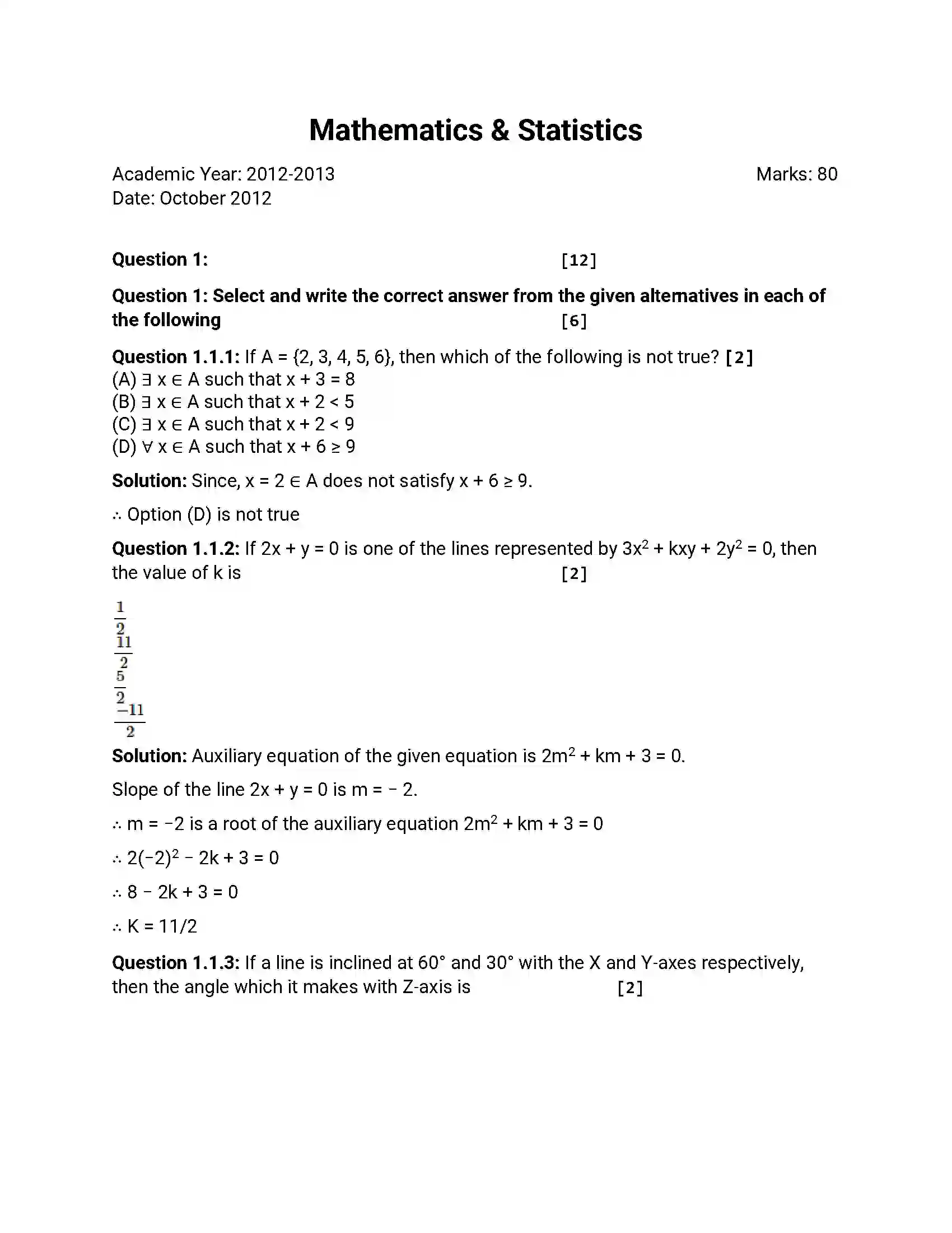 Maharashtra Board Class 12th 2012 Mathematics & Statistics - Oct 2012 Previous Year Paper 1