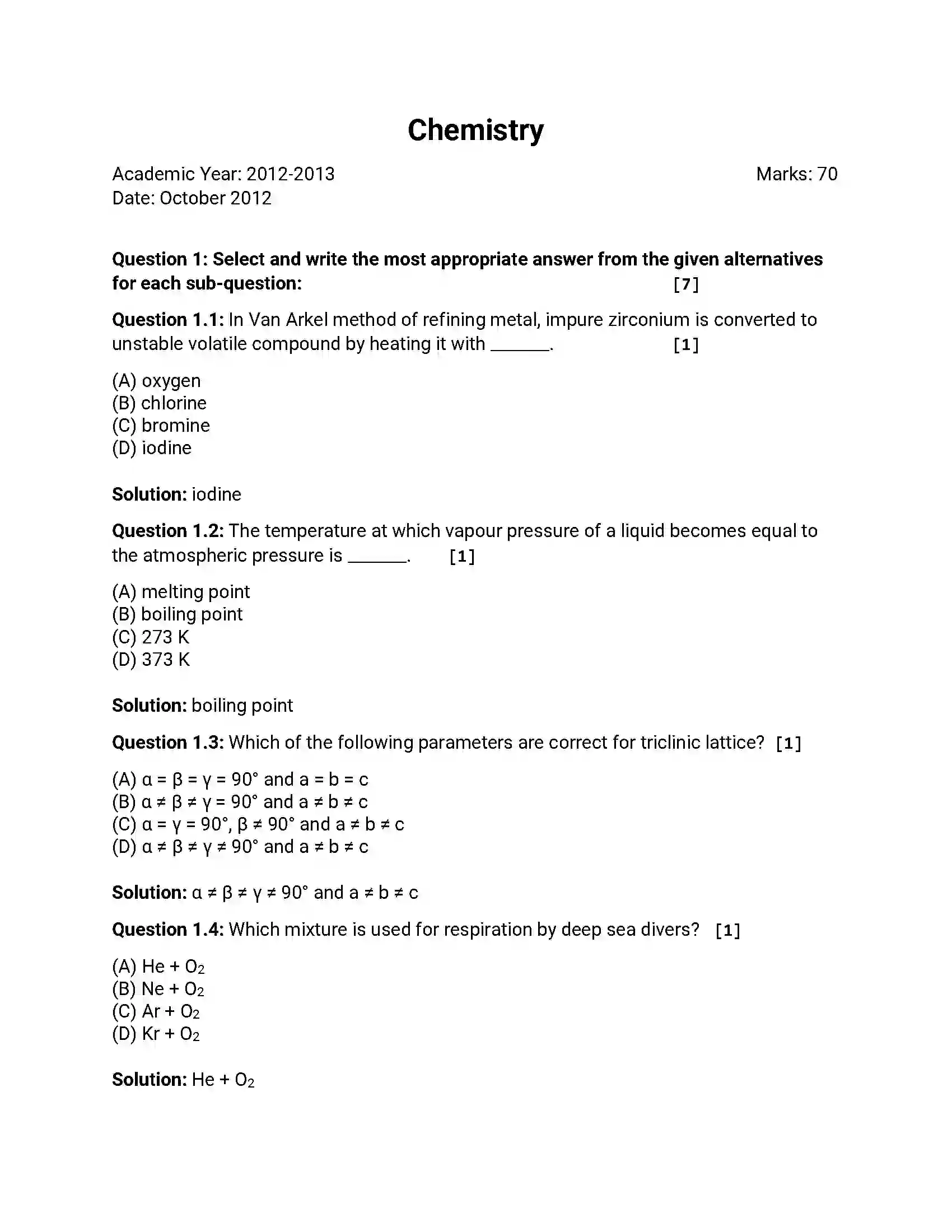 Maharashtra Board Class 12th 2012 Chemistry - Oct 2012 Previous Year Paper 1