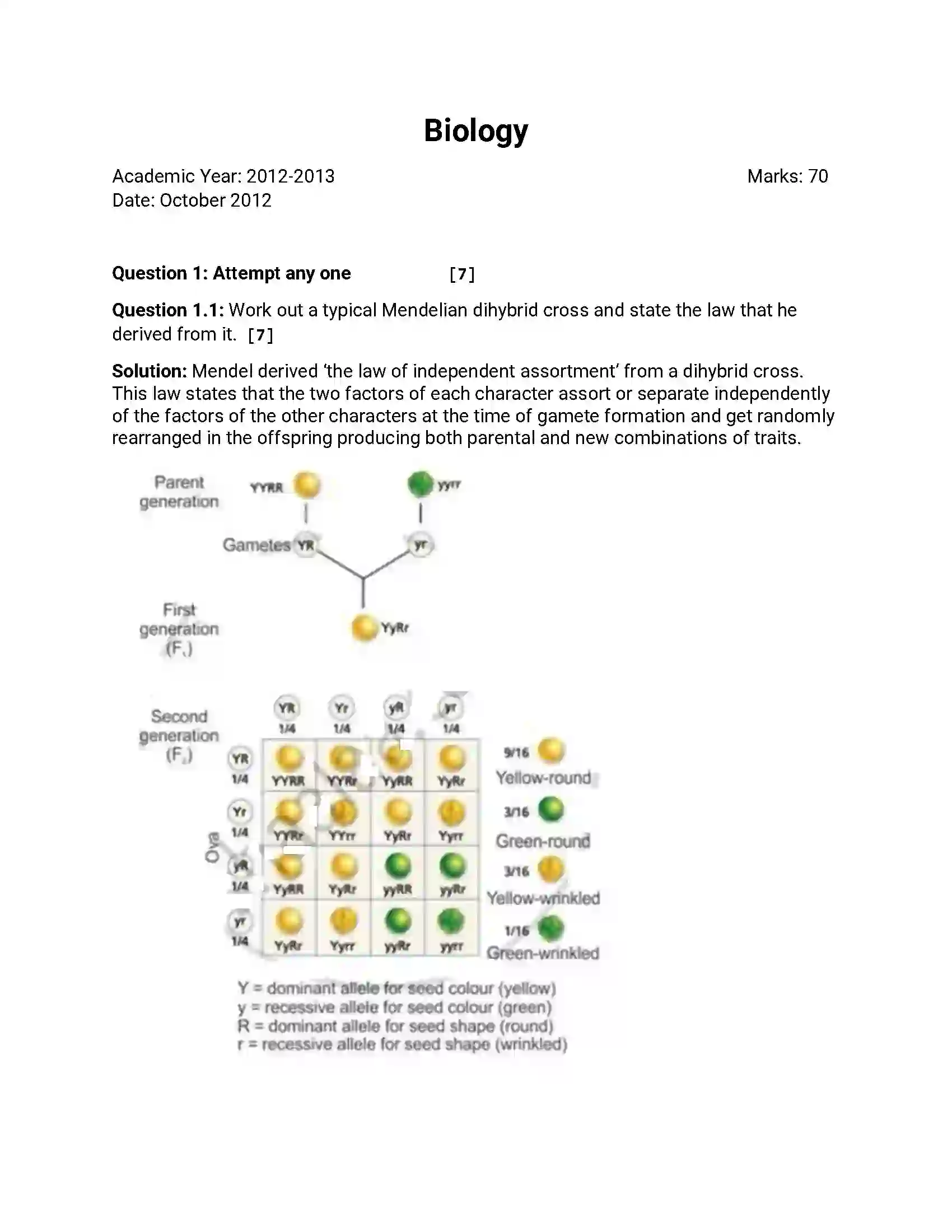 Maharashtra Board Class 12th 2012 Biology - Oct 2012 Previous Year Paper 1