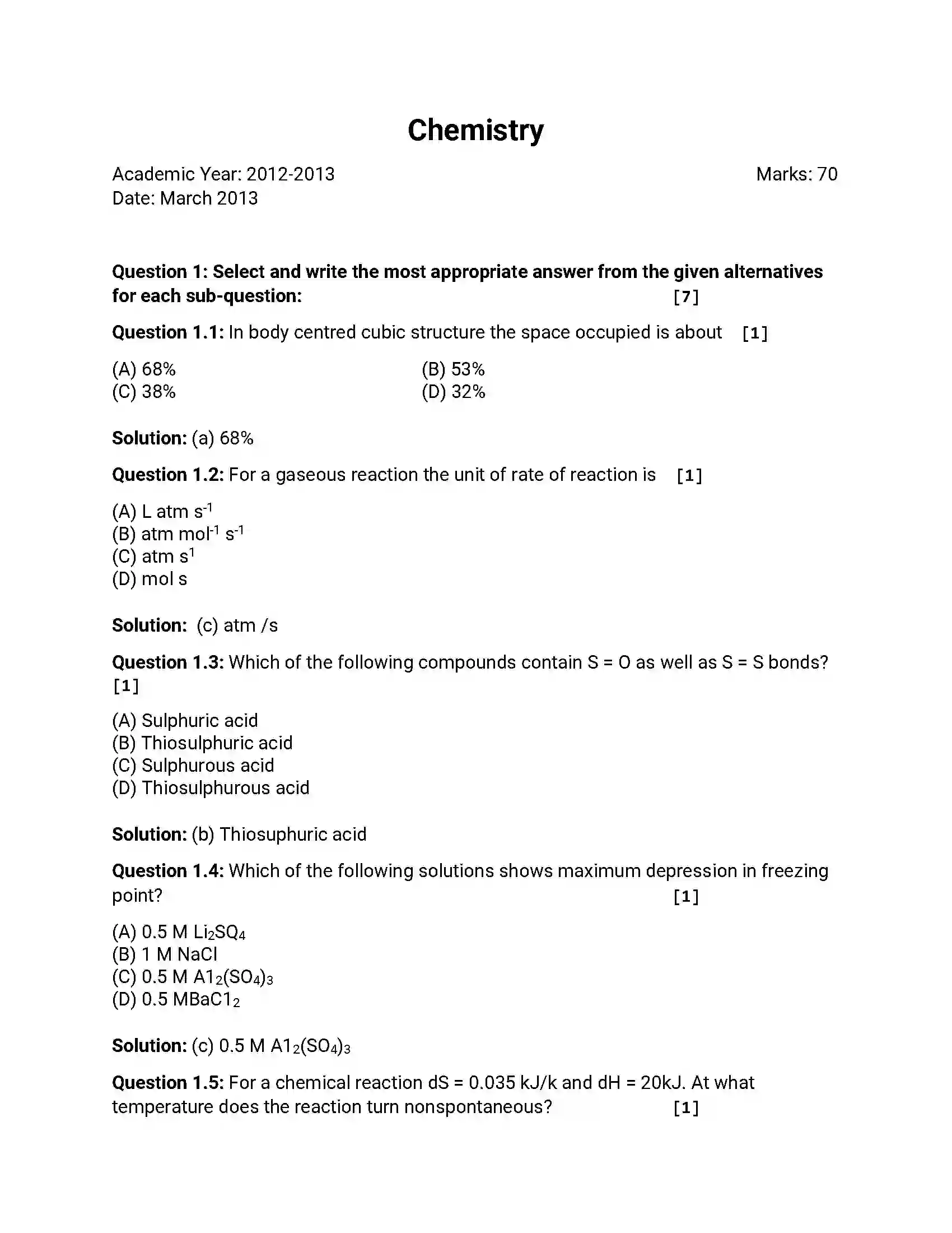 Maharashtra Board Class 12th 2013 Chemistry - March 2013 Previous Year Paper 1