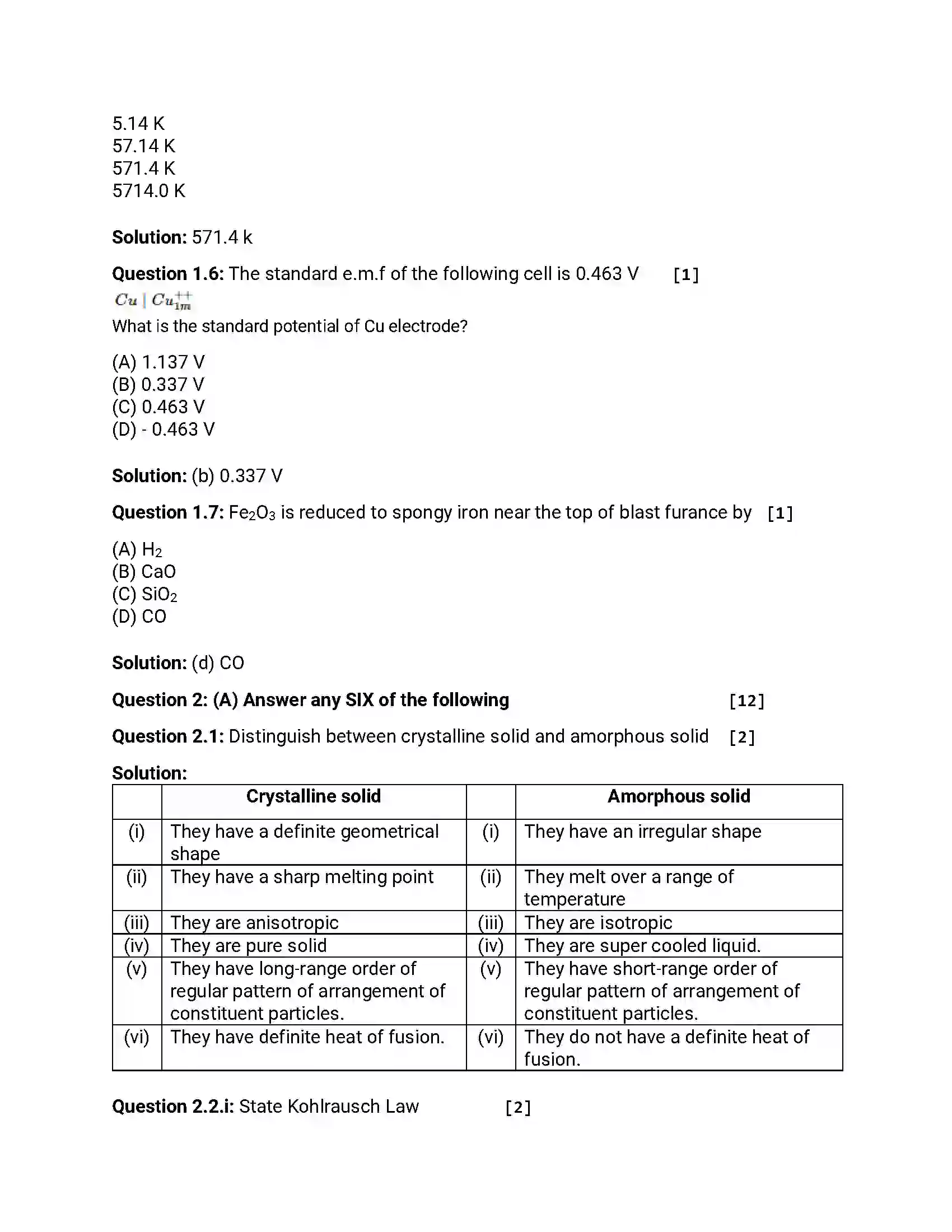 Maharashtra Board Class 12th 2013 Chemistry - March 2013 Previous Year Paper 2
