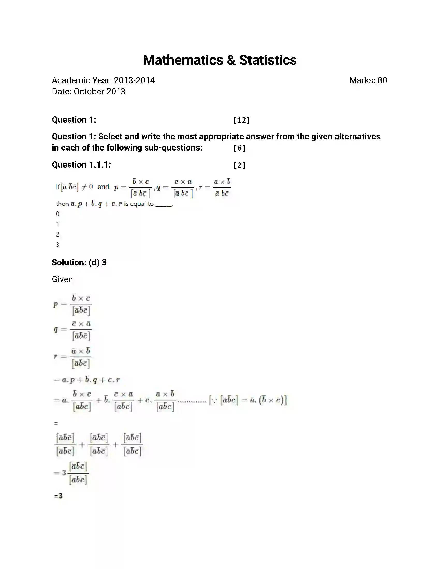 Maharashtra Board Class 12th 2013 Mathematics & Statistics - Oct 2013 Previous Year Paper 1