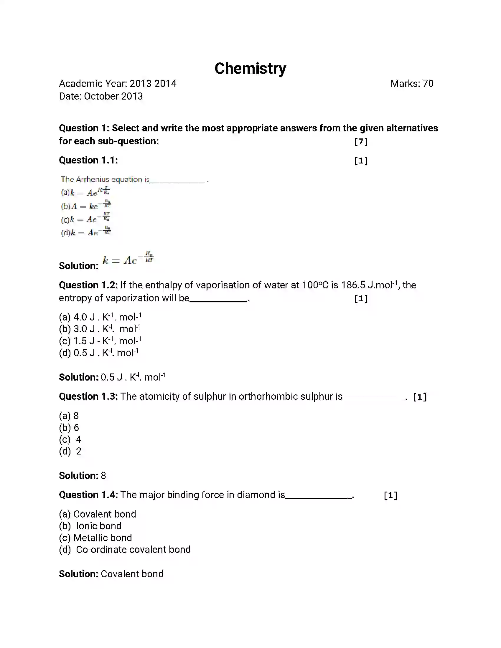 Maharashtra Board Class 12th 2013 Chemistry - Oct 2013 Previous Year Paper 1
