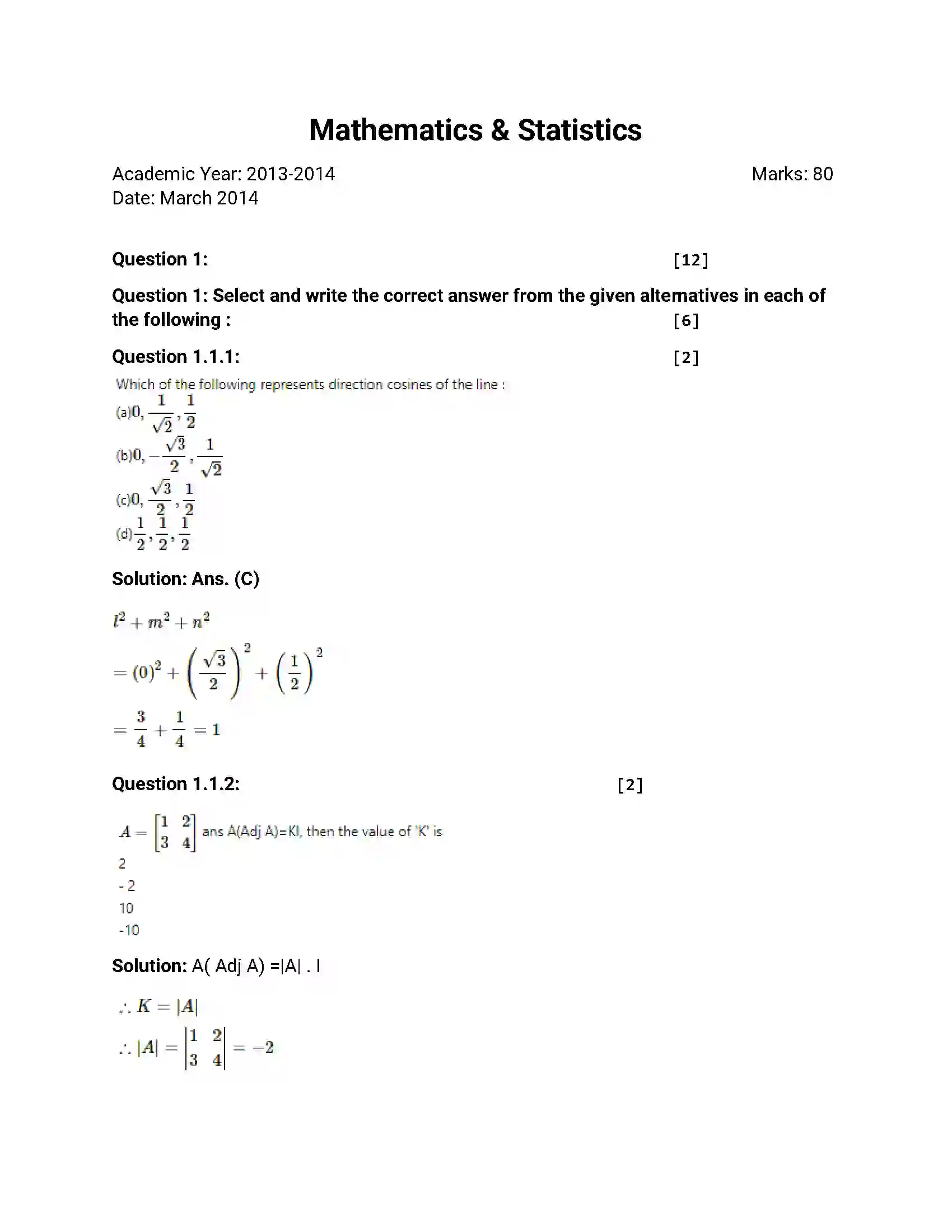 Maharashtra Board Class 12th 2014 Mathematics & Statistics - March 2014 Previous Year Paper 1