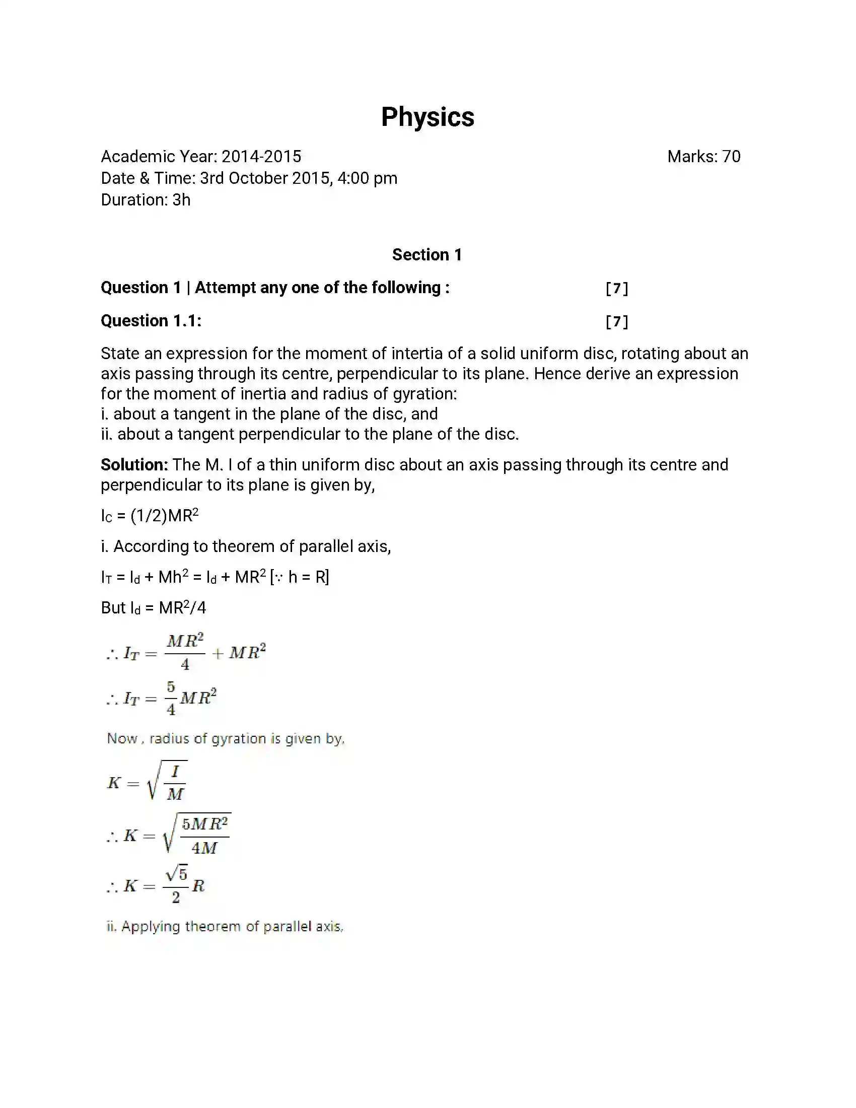 Maharashtra Board Class 12th 2014 Physics - Oct 2014 Previous Year Paper 1
