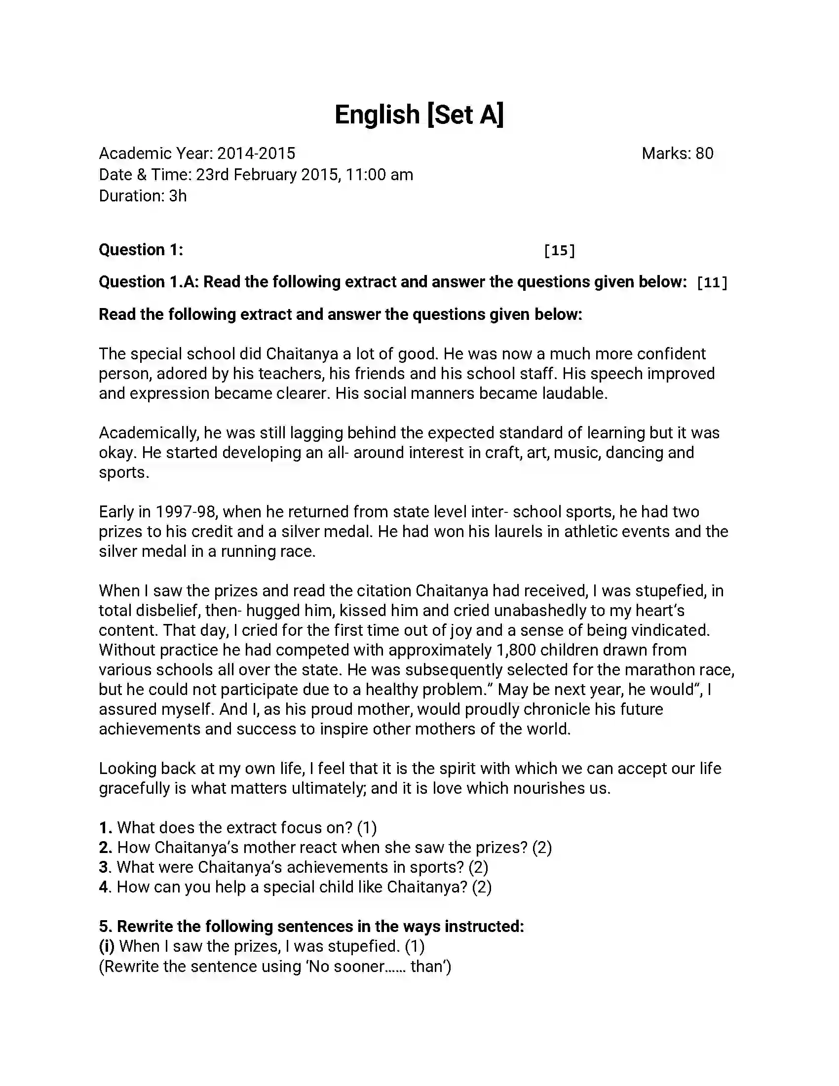 Maharashtra Board Class 12th 2015 English - March 2015 - Set-A Previous Year Paper 1