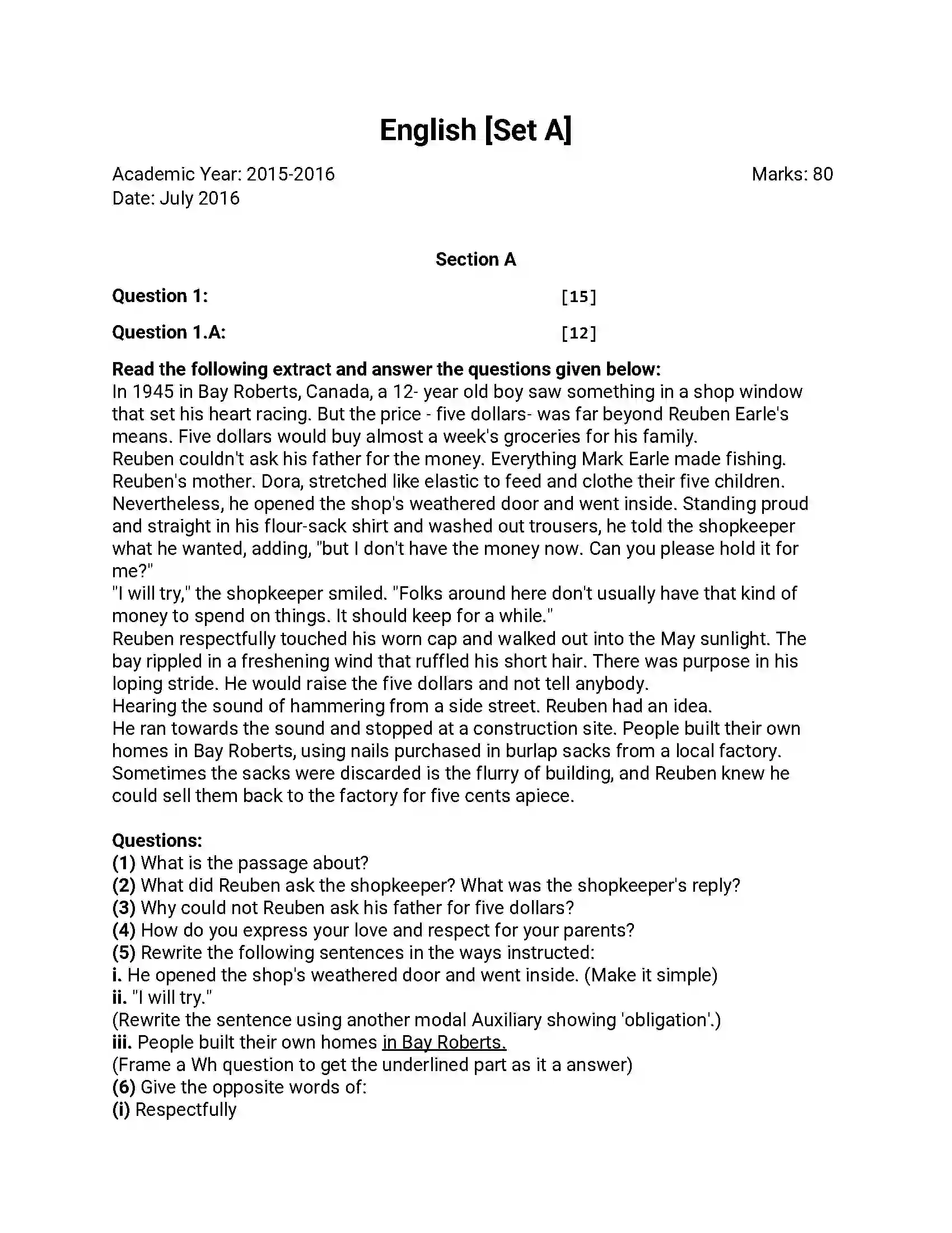 Maharashtra Board Class 12th 2016 English - Jul 2016 - Set-A Previous Year Paper 1