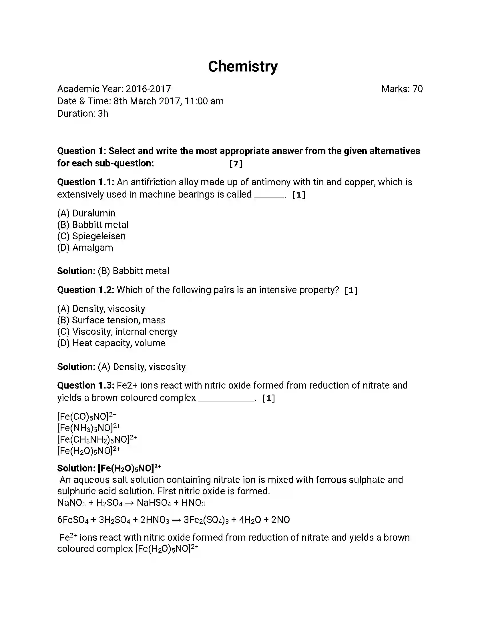 Maharashtra Board Class 12th 2017 Chemistry - March 2017 Previous Year Paper 1