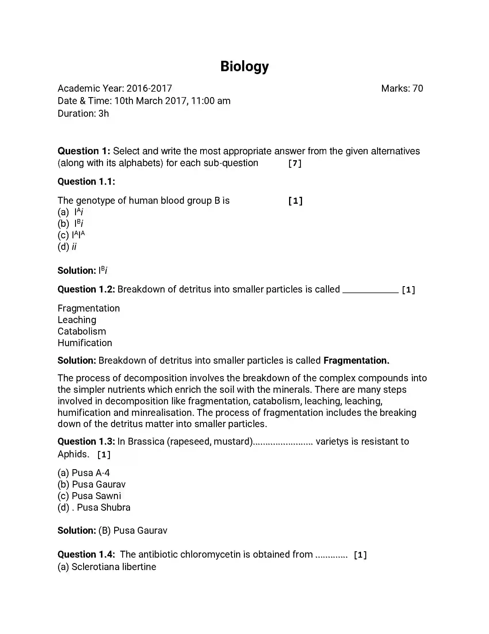 Maharashtra Board Class 12th 2017 Biology - March 2017 Previous Year Paper 1
