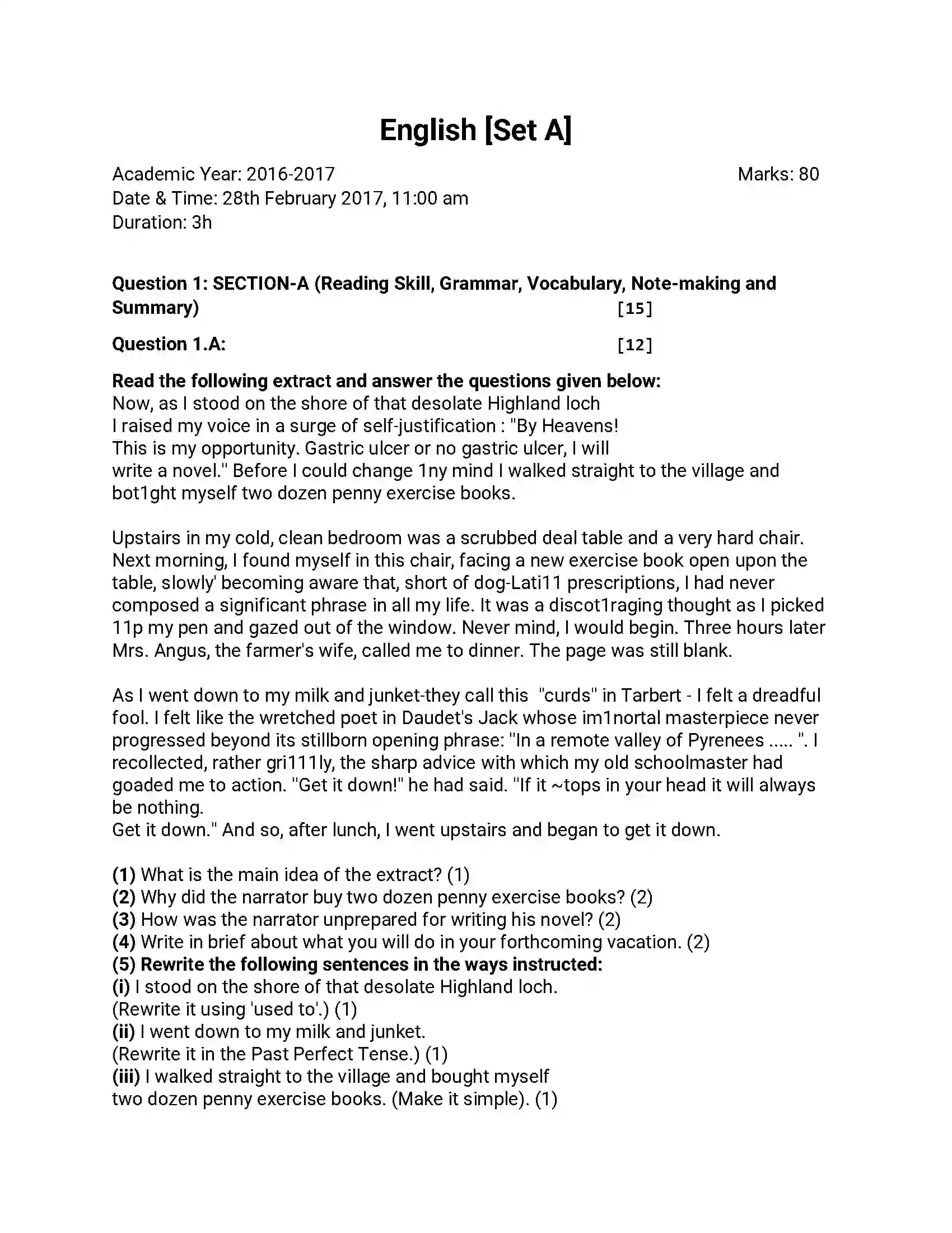 Maharashtra Board Class 12th 2017 English - March 2017 - Set-A Previous Year Paper 1