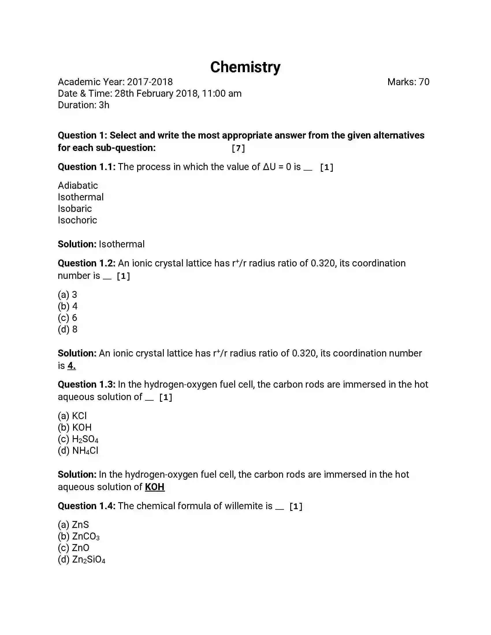Maharashtra Board Class 12th 2018 Chemistry March - 2018 Previous Year Paper 1