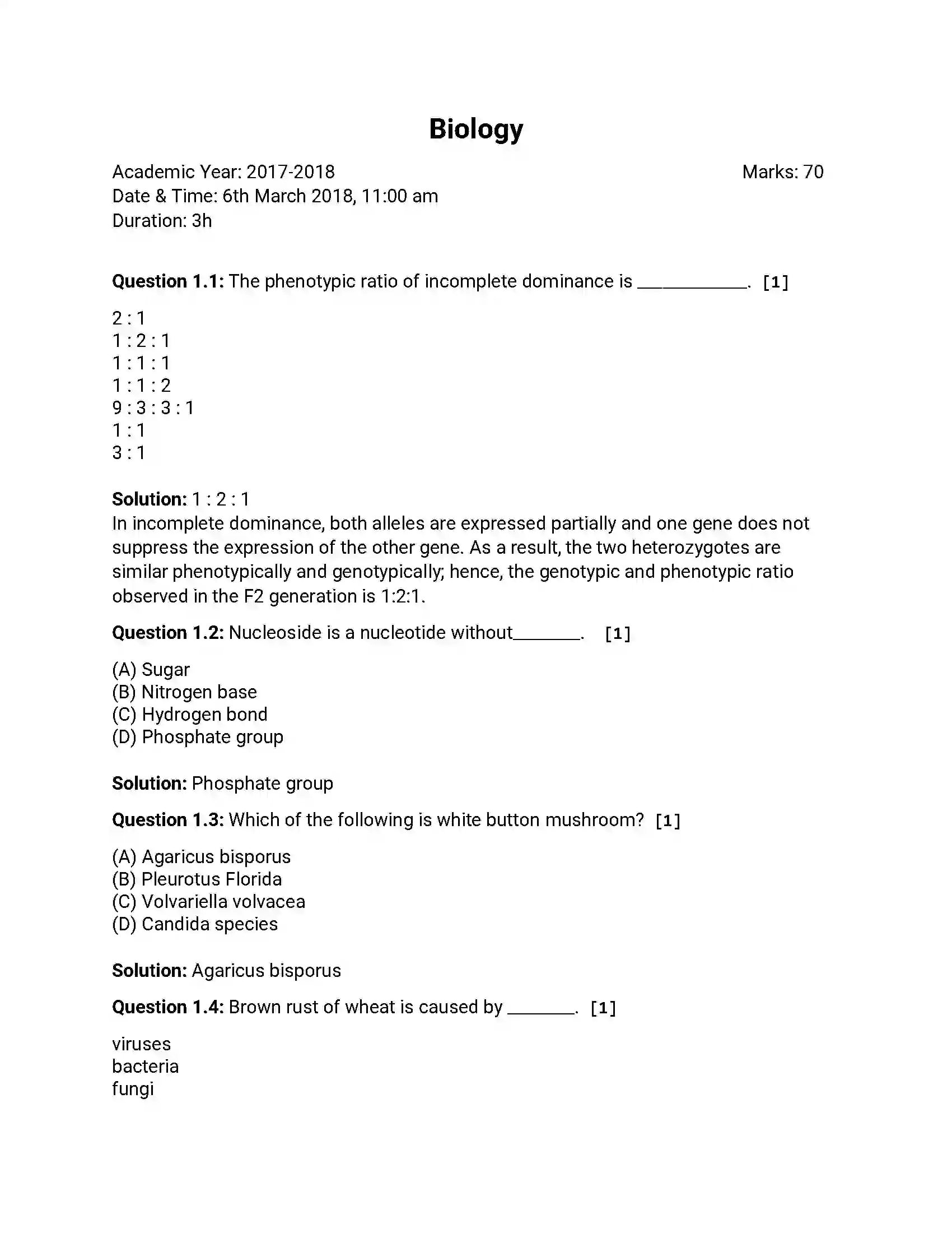 Maharashtra Board Class 12th 2018 Biology March - 2018 Previous Year Paper 1