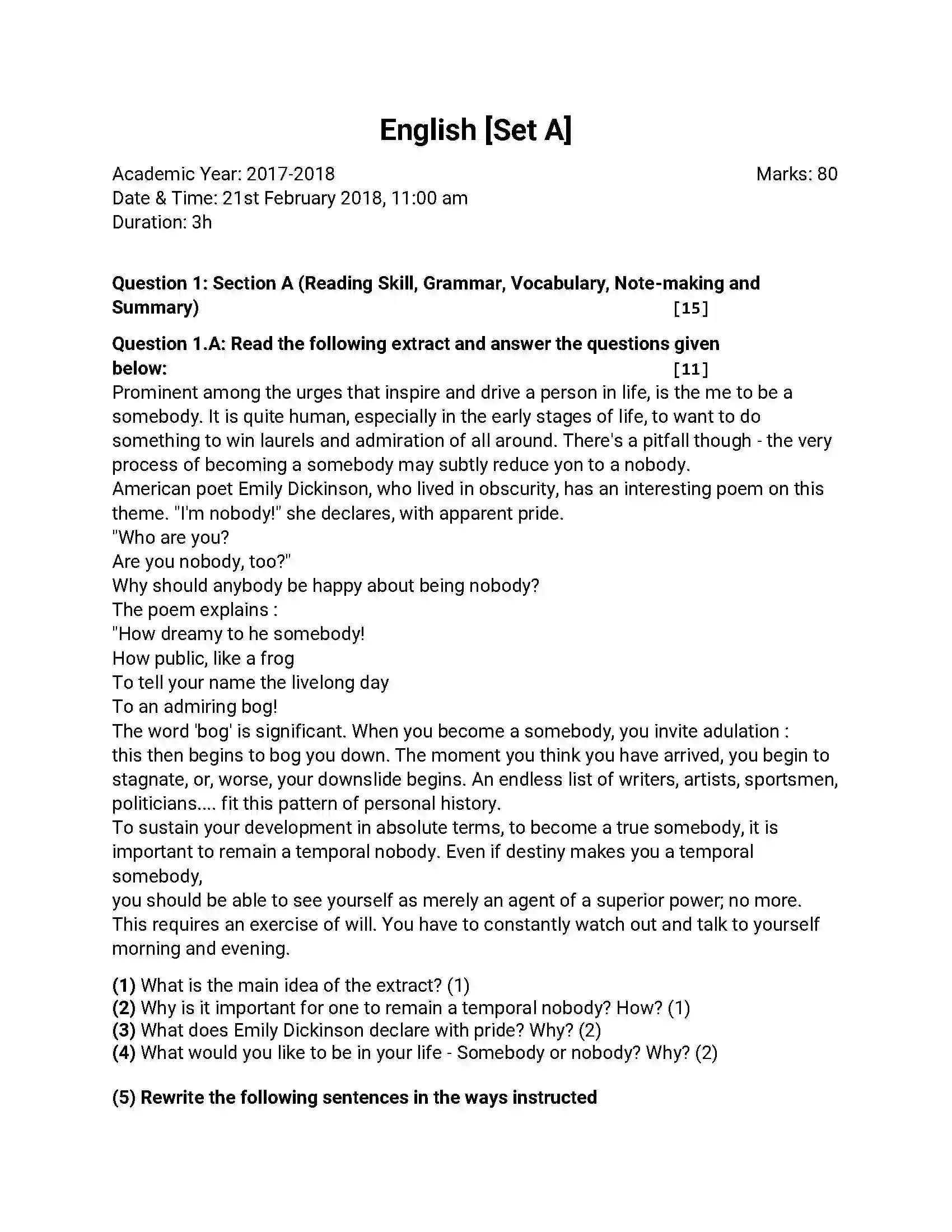 Maharashtra Board Class 12th 2018 English - March 2018 - Set-A Previous Year Paper 1