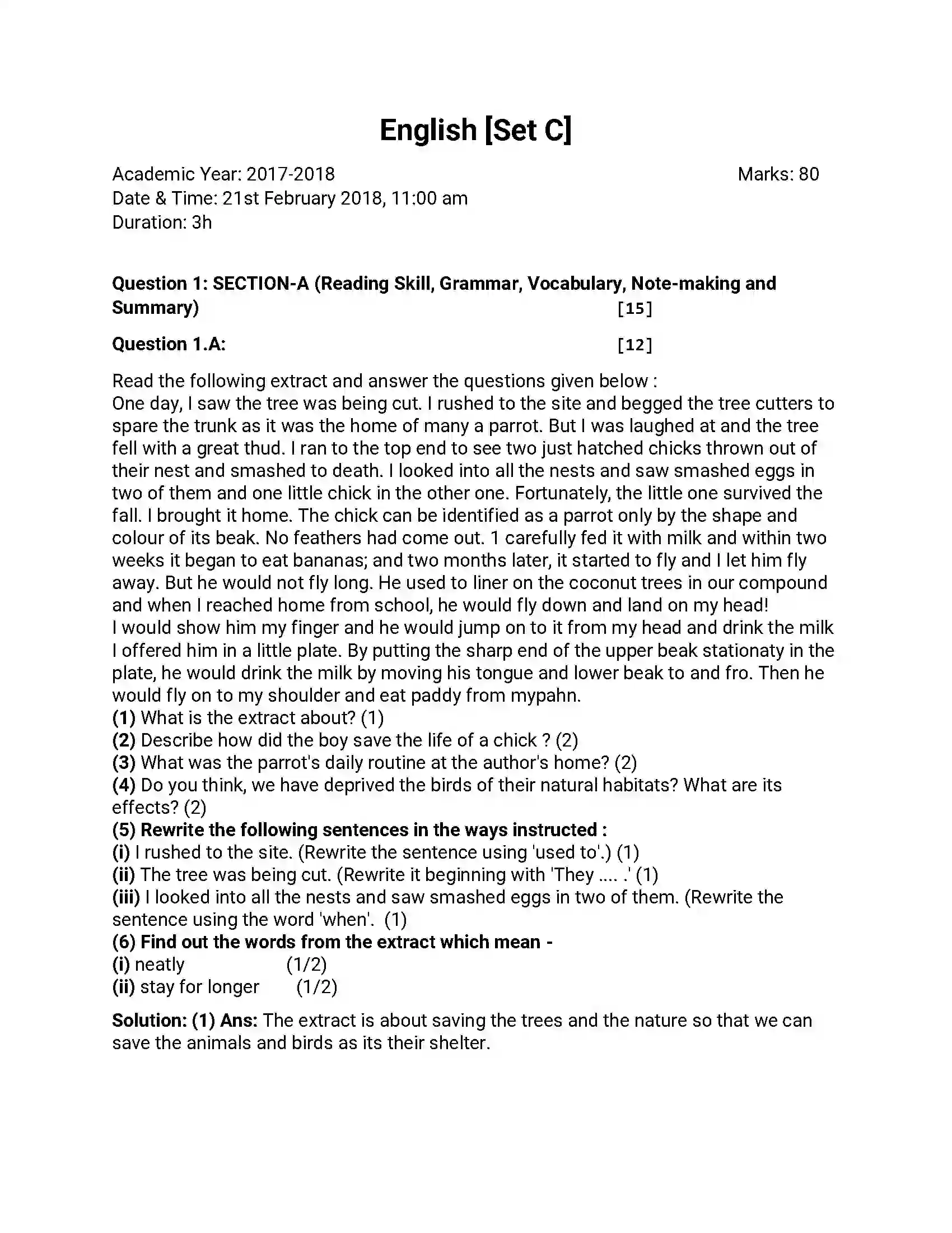 Maharashtra Board Class 12th 2018 English - March 2018 - Set-C Previous Year Paper 1