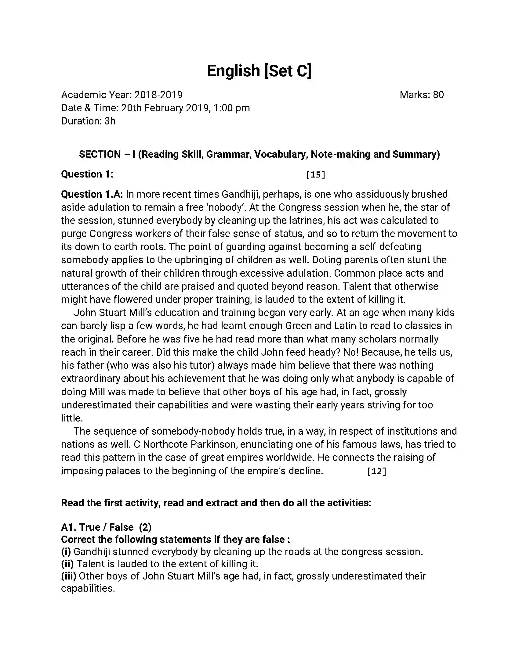 Maharashtra Board Class 12th 2019 English - Feb 2019 - Set-C Previous Year Paper 1