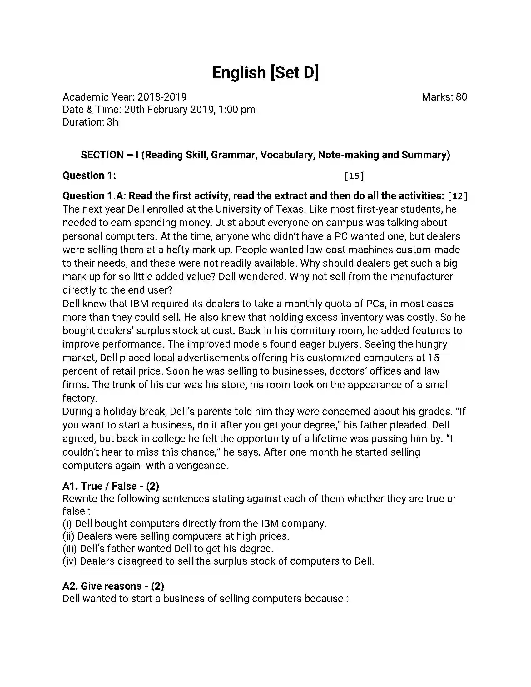 Maharashtra Board Class 12th 2019 English - Feb 2019 - Set-D Previous Year Paper 1