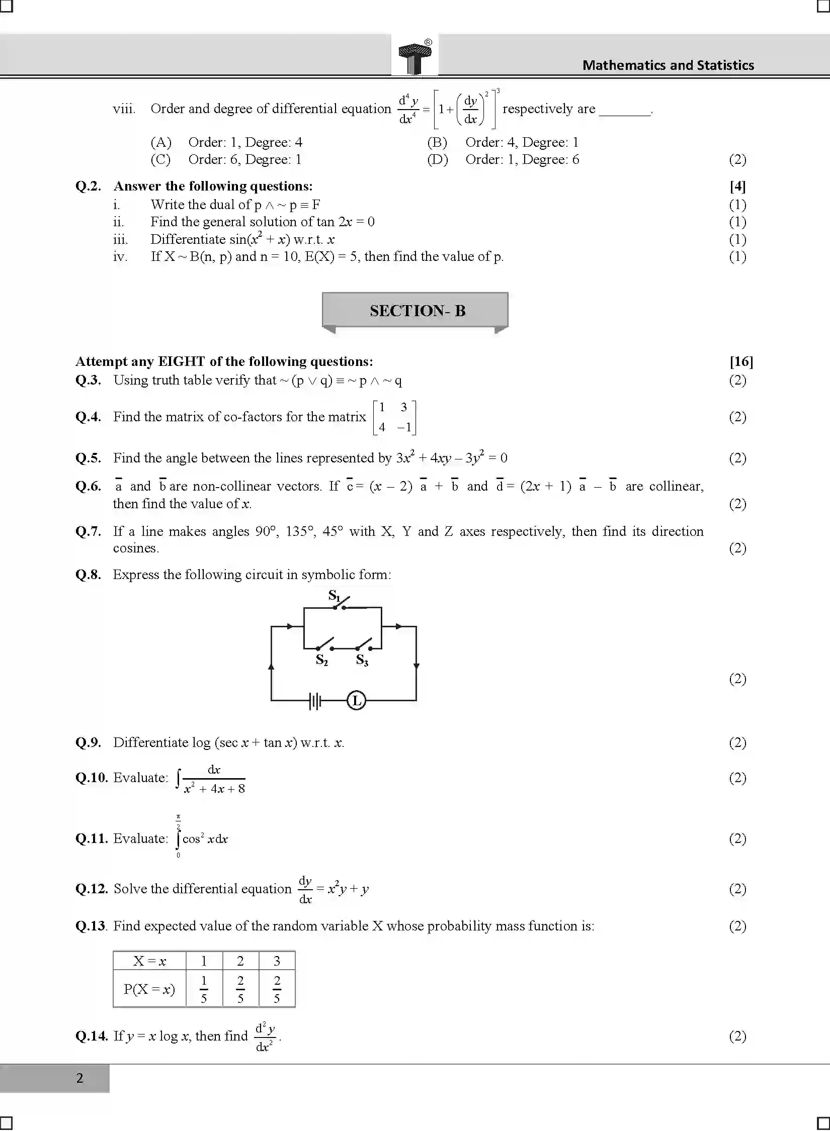 Maharashtra Board Class 12th 2020 Mathematics & Statistics - Feb 2020 Previous Year Paper 2