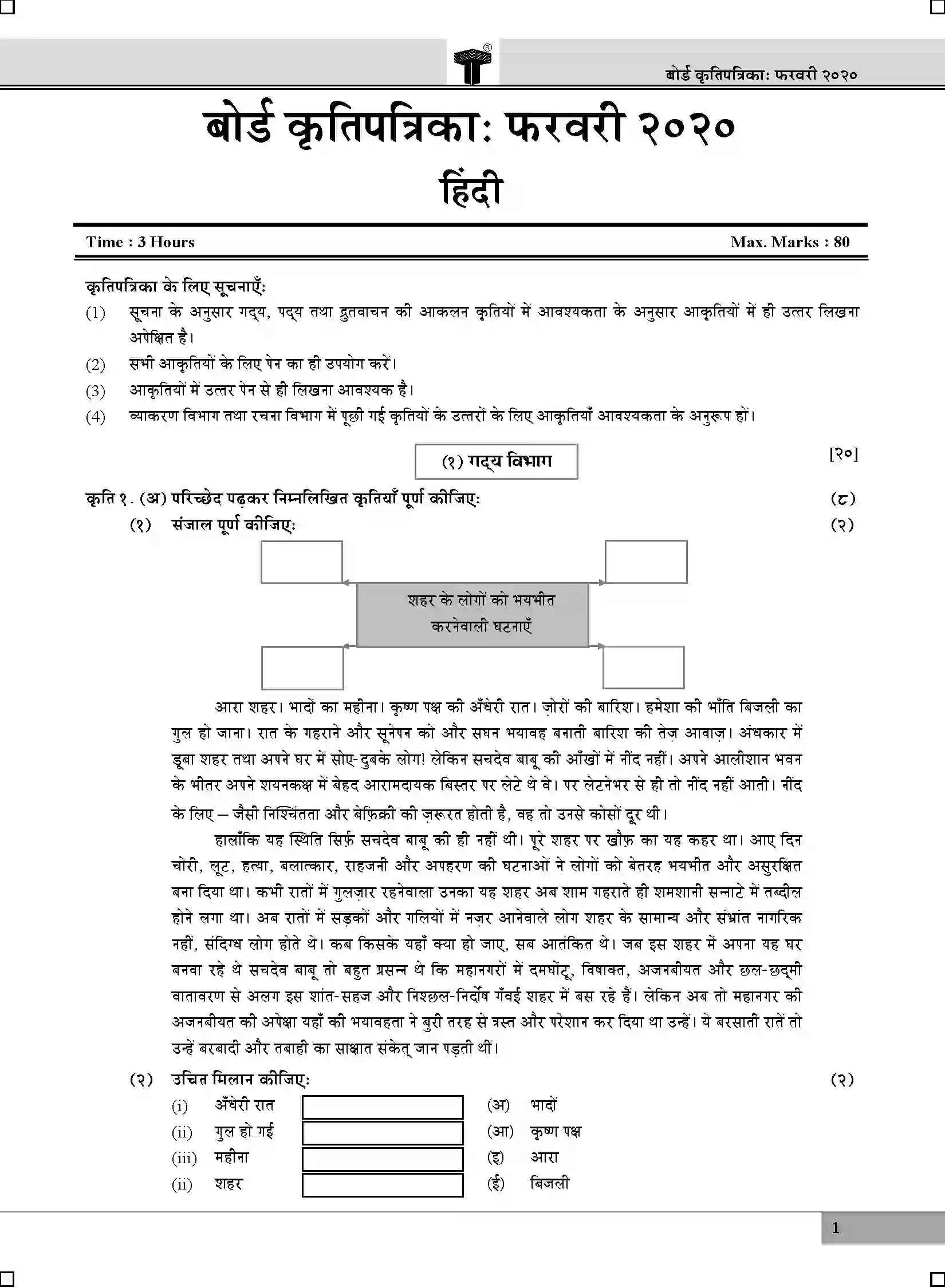 Maharashtra Board Class 12th 2020 Hindi - Feb 2020 Previous Year Paper 1
