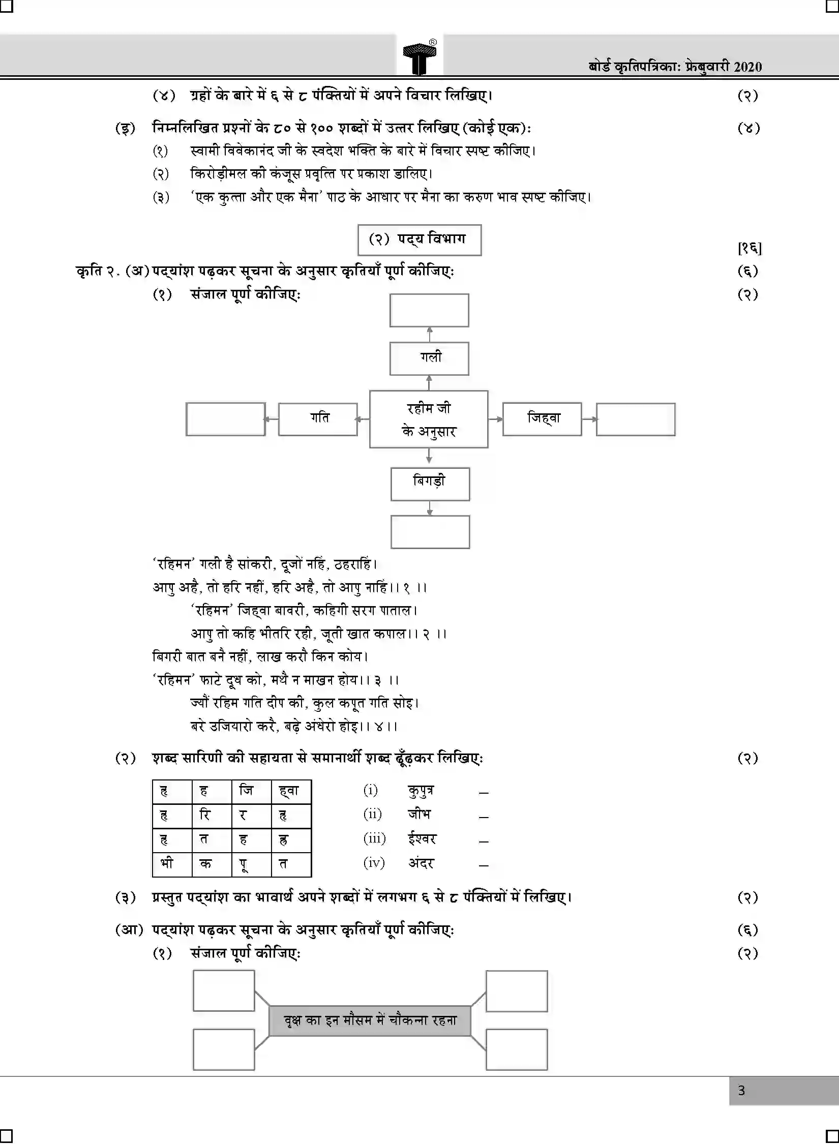 Maharashtra Board Class 12th 2020 Hindi - Feb 2020 Previous Year Paper 3