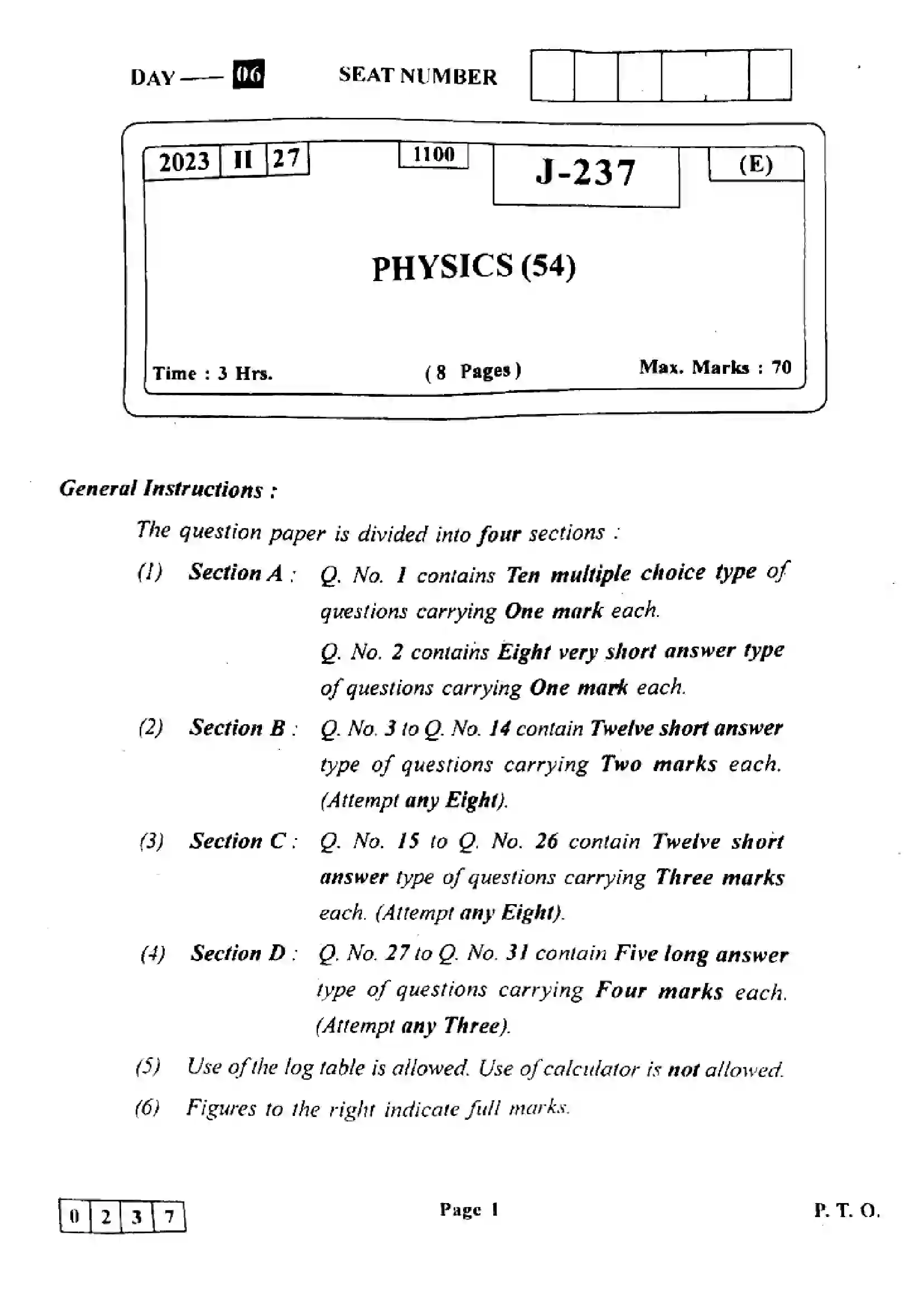 Maharashtra Board Class 12th 2023 Physics Previous Year Paper 1