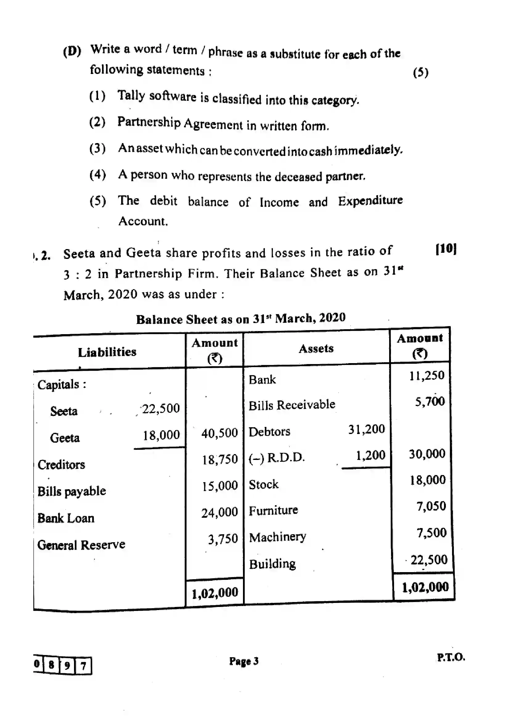 Maharashtra Board Class 12th 2024 Book Keeping And Accountancy Previous Year Paper 3