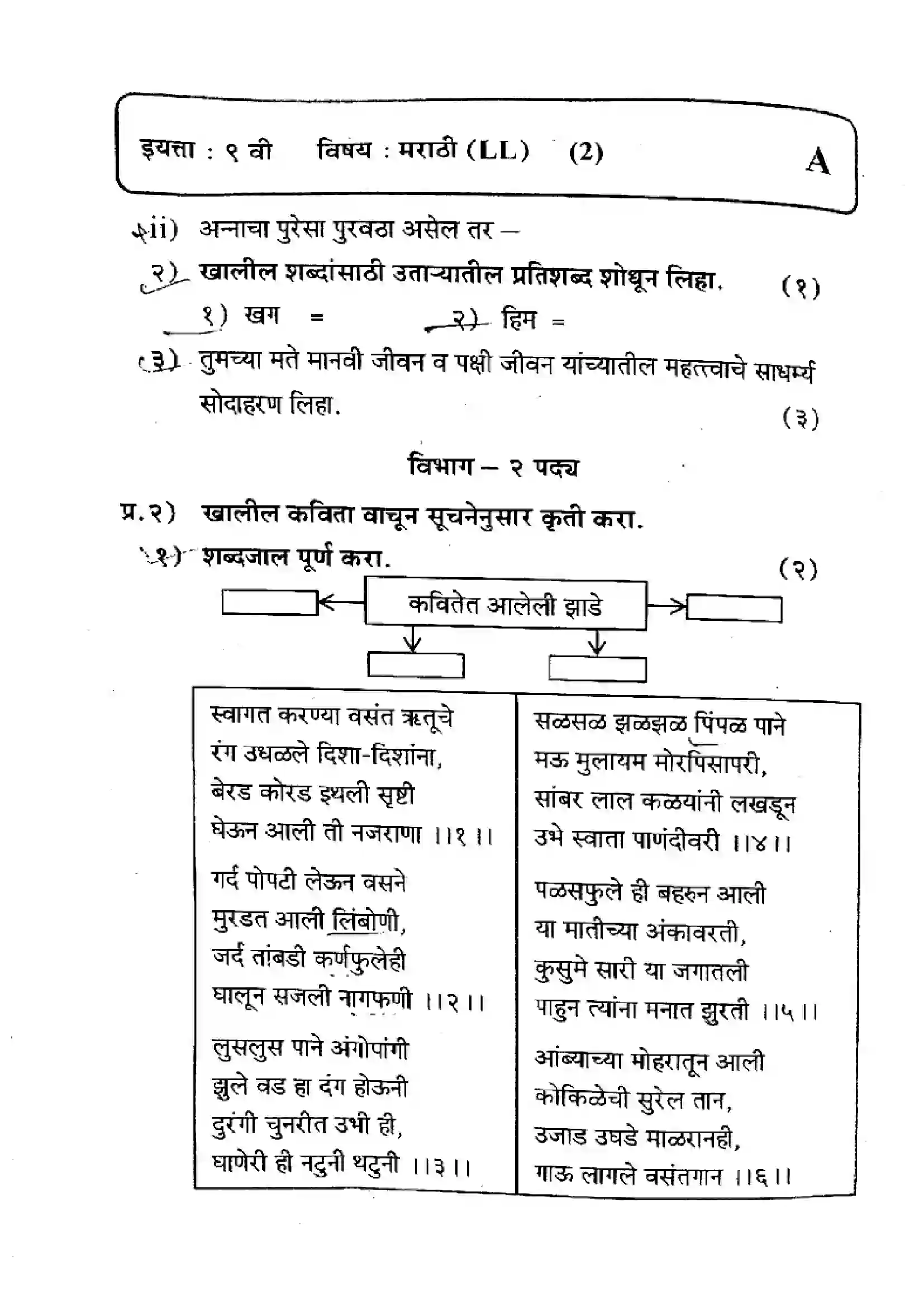 Maharashtra Board Class 9th 2024 Marathi Previous Year Paper 2