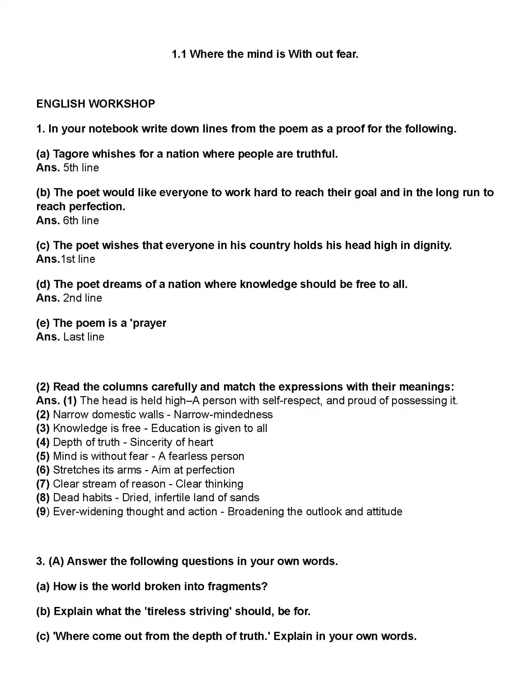 Maharashtra Board Class 10th English (Chapters Notes) Where the Mind is Without Fear Revision Note 1