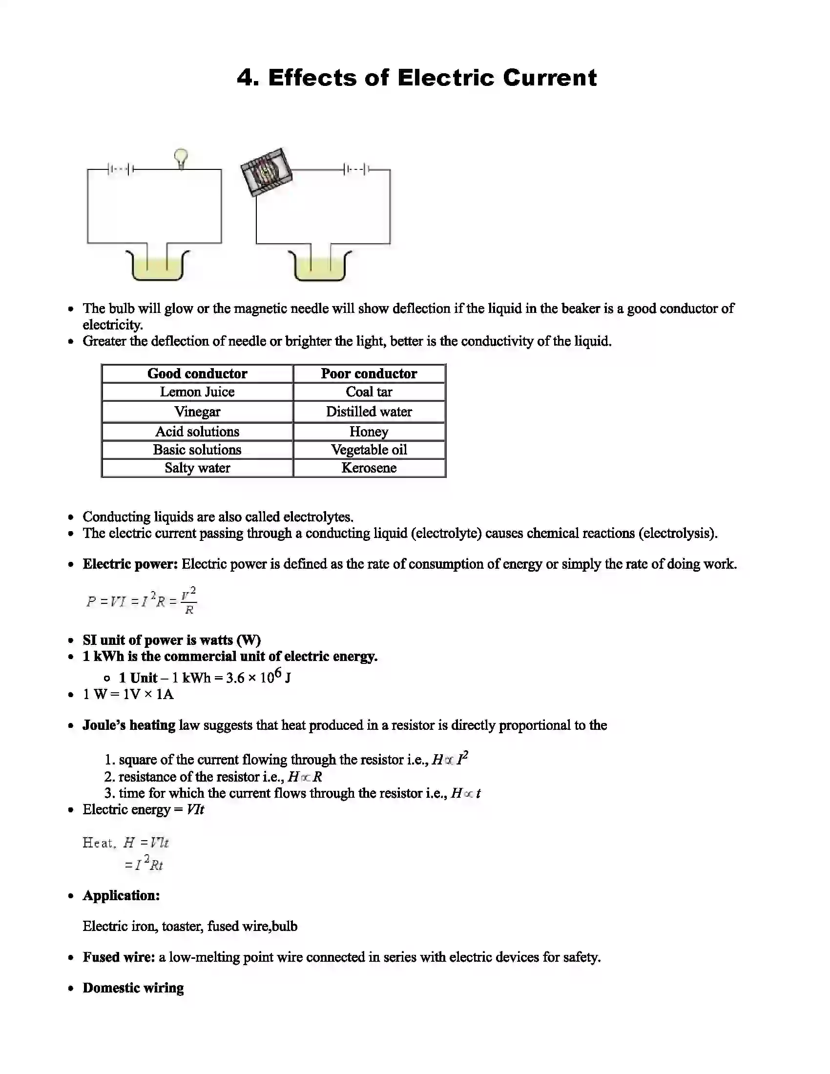 Maharashtra Board Class 10th Science Effects of Electric Current Revision Note 1