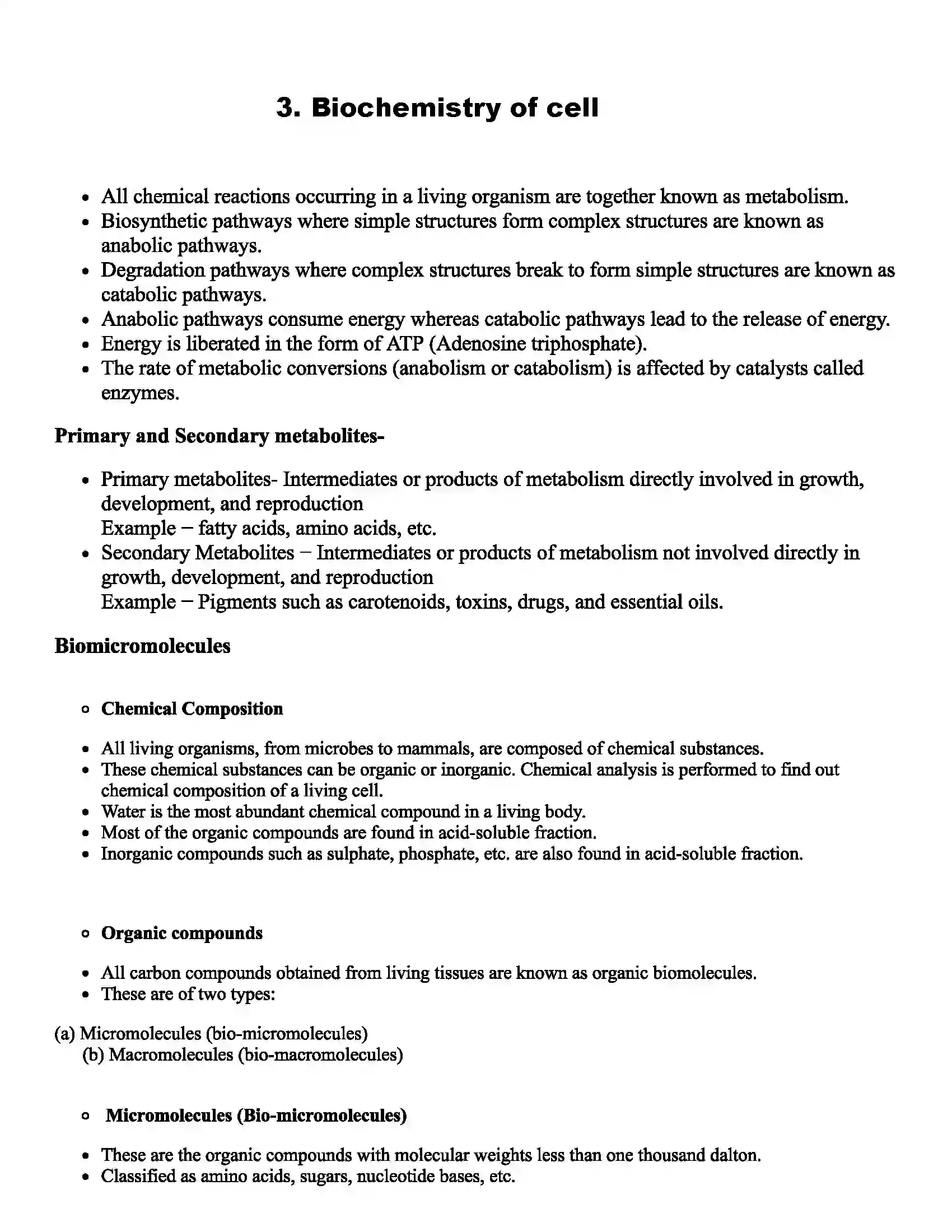 Maharashtra Board Class 11th Biology Biochemistry of cell Revision Note 1