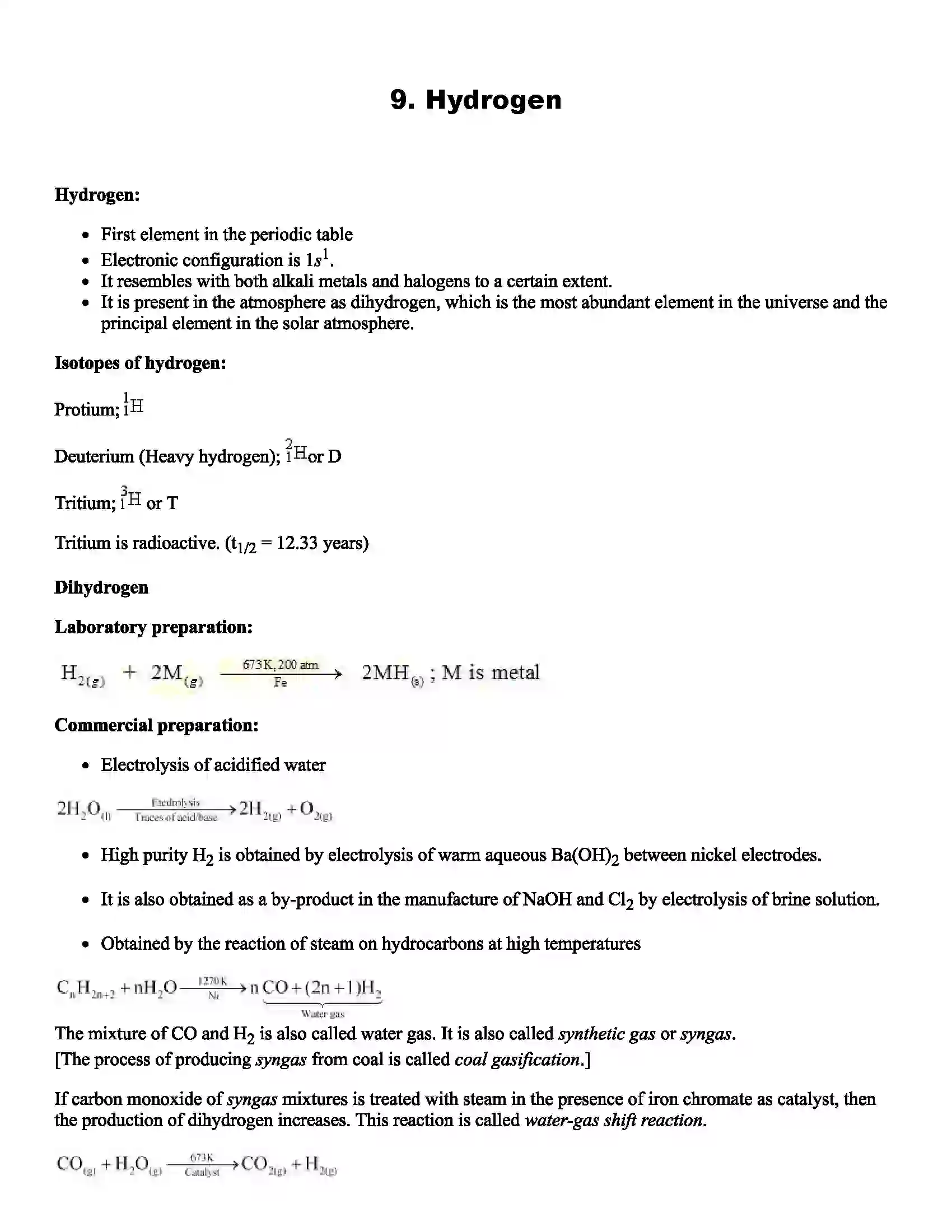 Maharashtra Board Class 11th Chemistry Hydrogen Revision Note 1