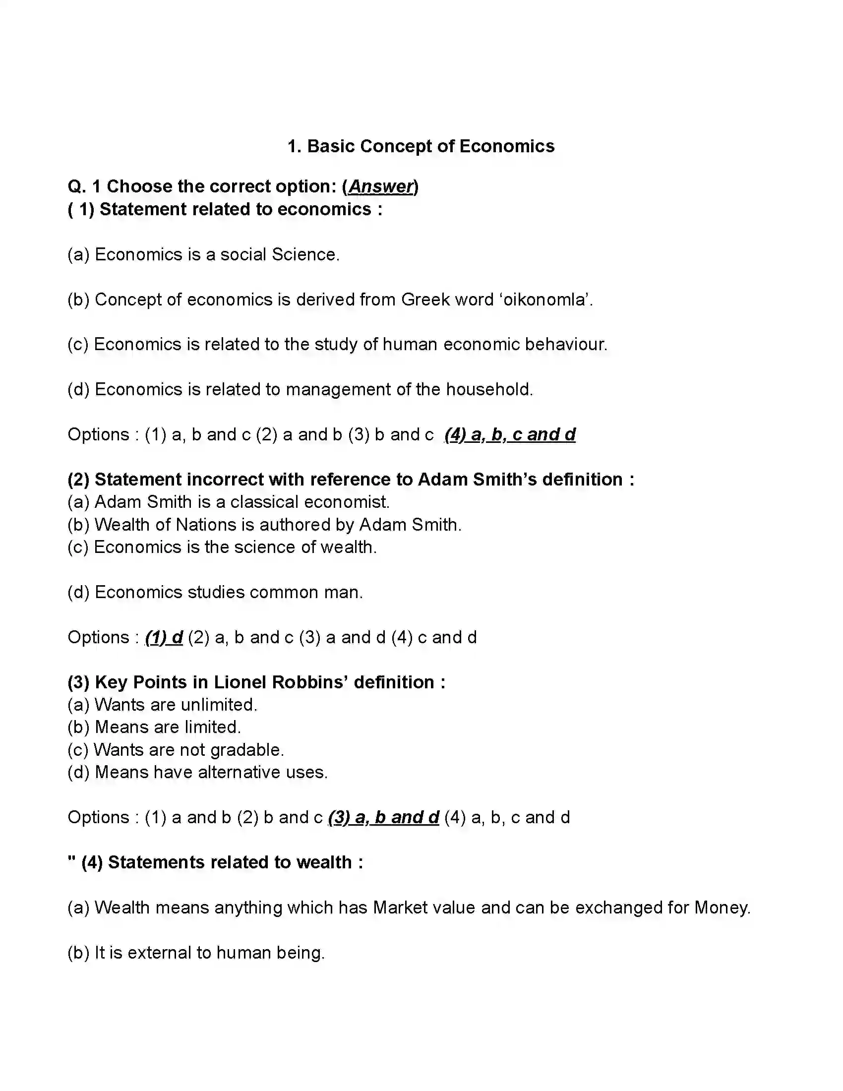 Maharashtra Board Class 11th Economics Basic Concept of Economics Revision Note 1