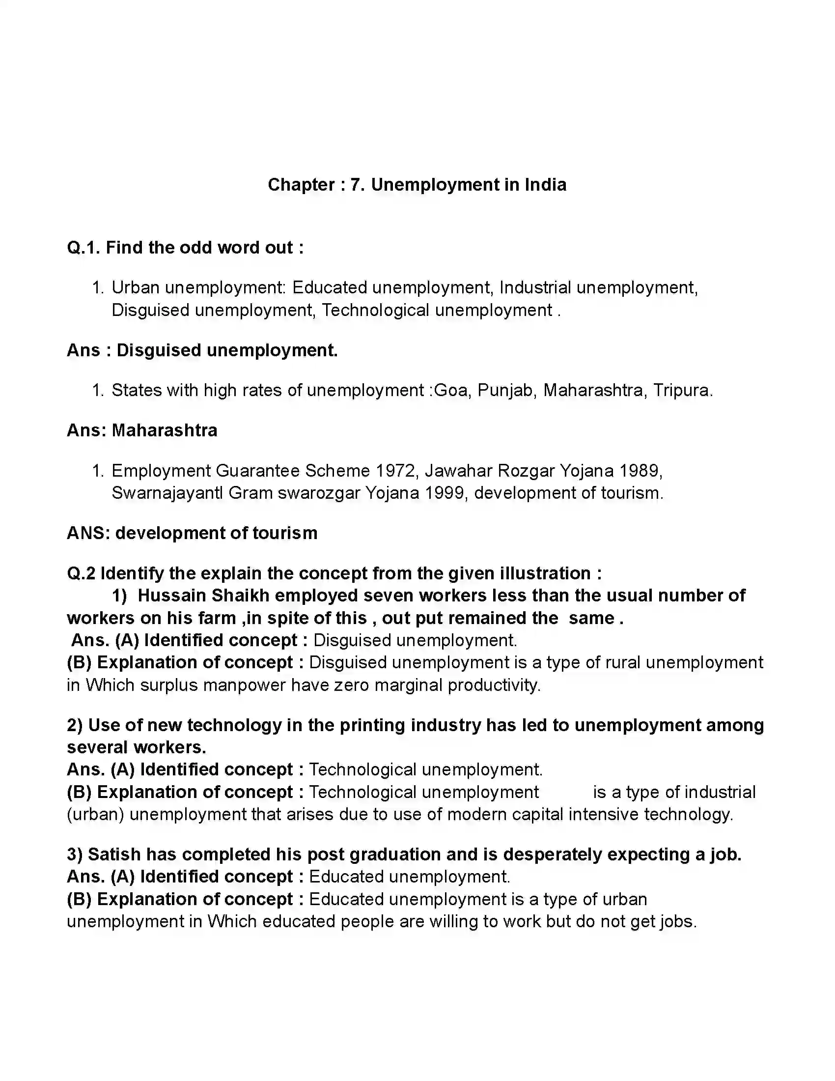 Maharashtra Board Class 11th Economics Unemployment in India Revision Note 1