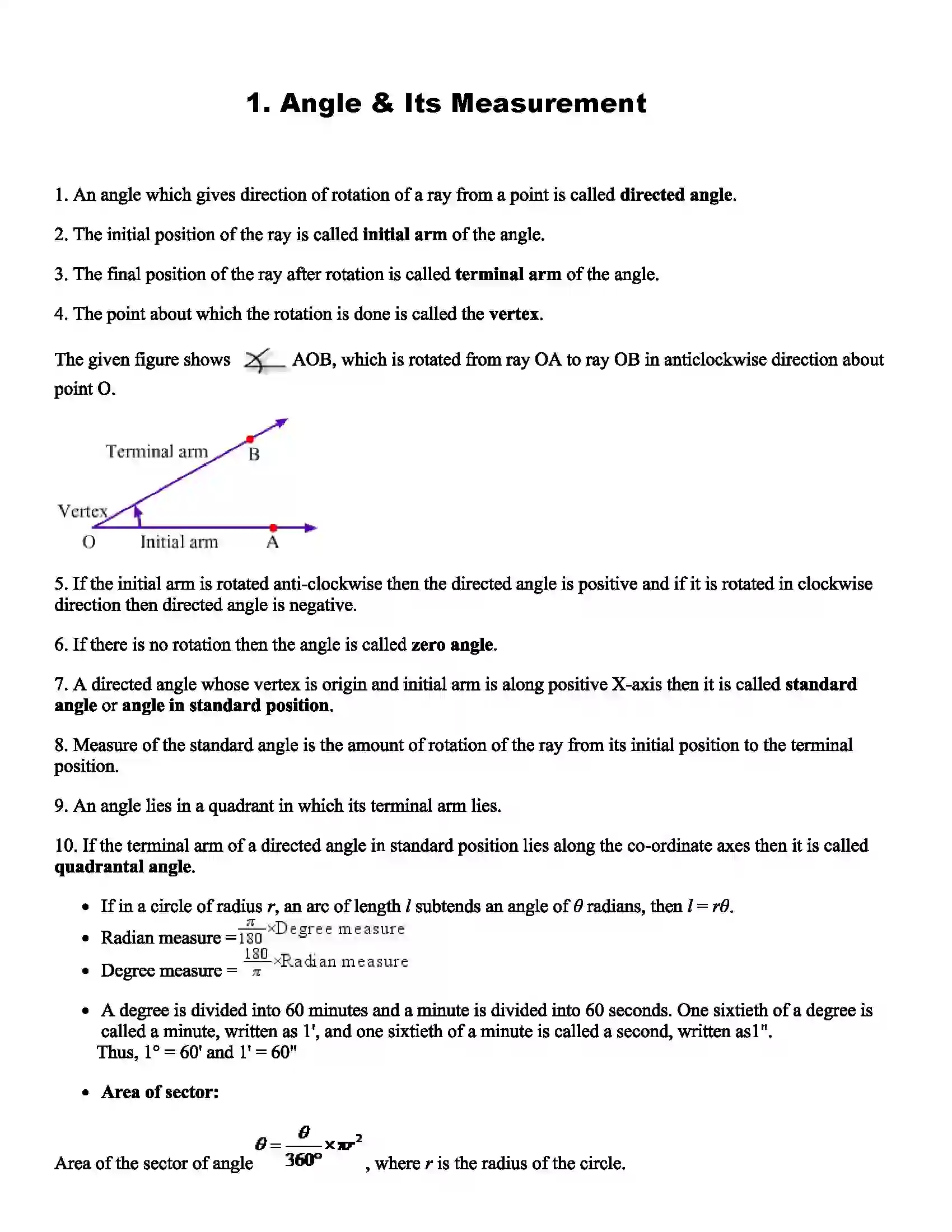 Maharashtra Board Class 11th Mathematics Angle & Its Measurement Revision Note 1