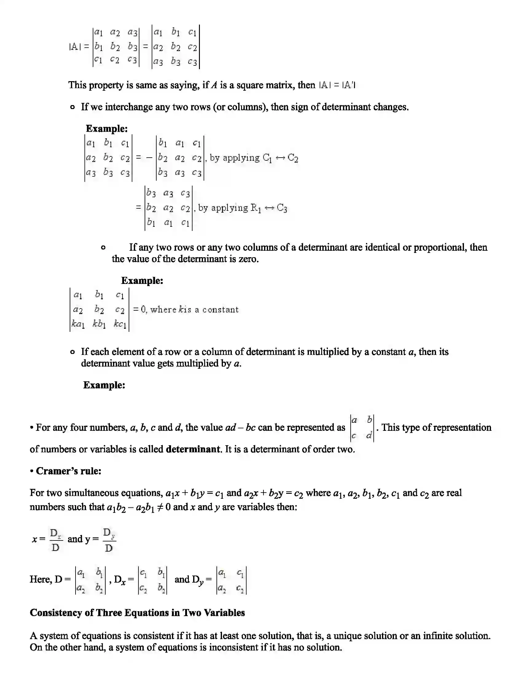 Maharashtra Board Class 11th Mathematics Part - I Determinants Revision Note 2