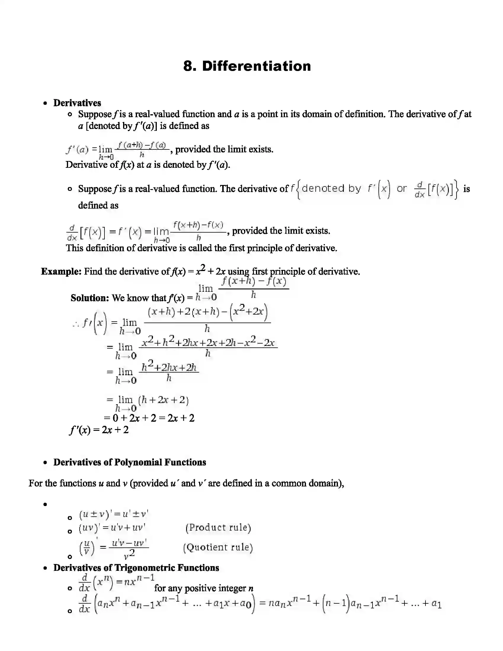 Maharashtra Board Class 11th Mathematics Part - II Differentiation Revision Note 1