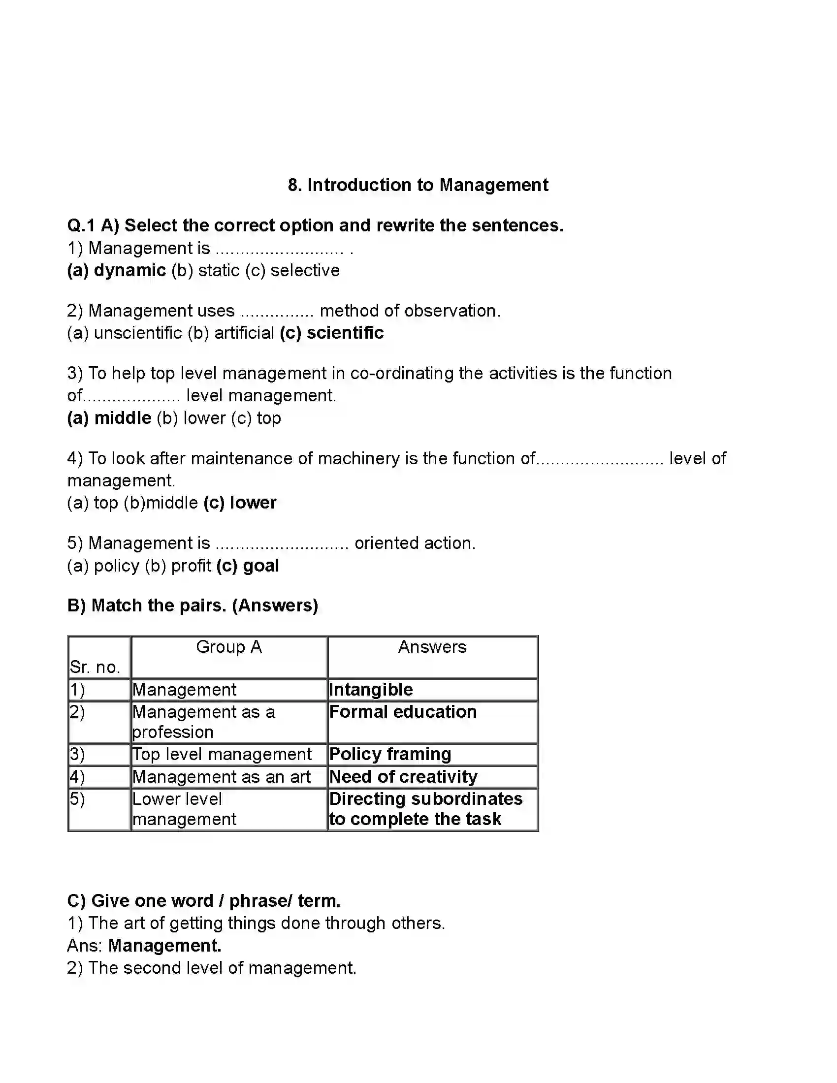 Maharashtra Board Class 11th Organisation of Commerce & Management Introduction to Management Revision Note 1
