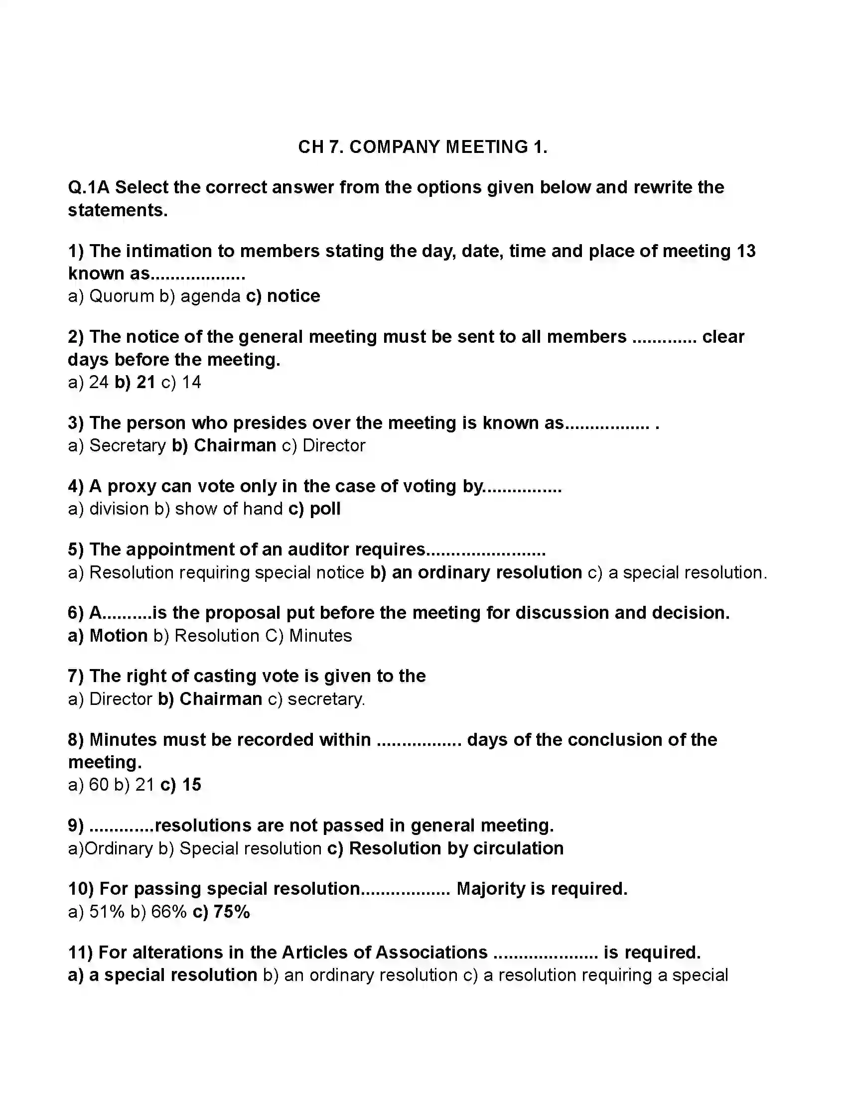 Maharashtra Board Class 11th Secretarial Practice Company Meeting 1 Revision Note 1