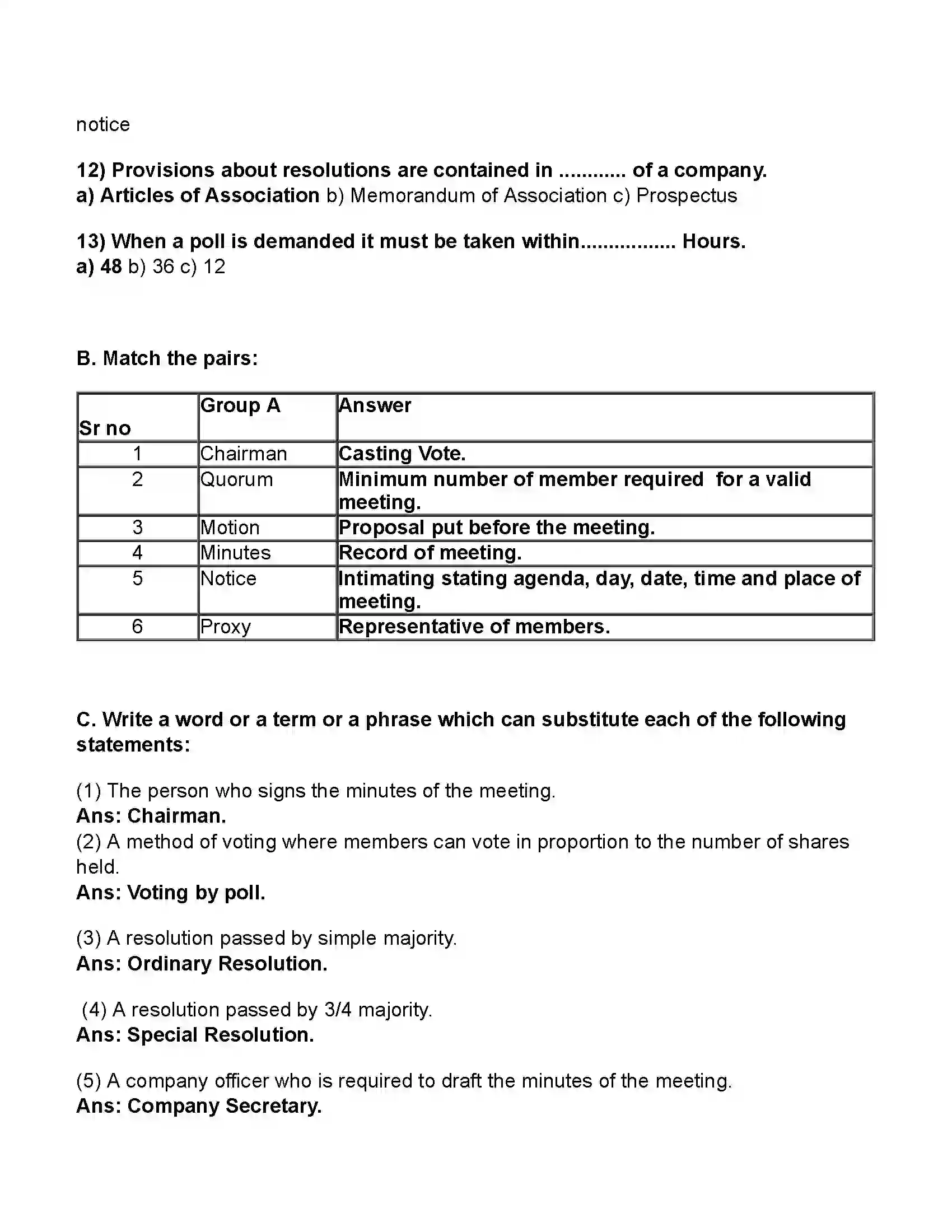 Maharashtra Board Class 11th Secretarial Practice Company Meeting 1 Revision Note 2