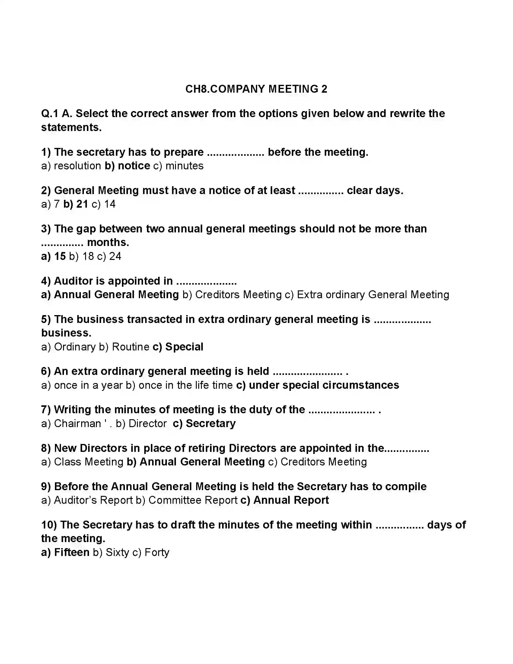 Maharashtra Board Class 11th Secretarial Practice Company Meeting 2 Revision Note 1