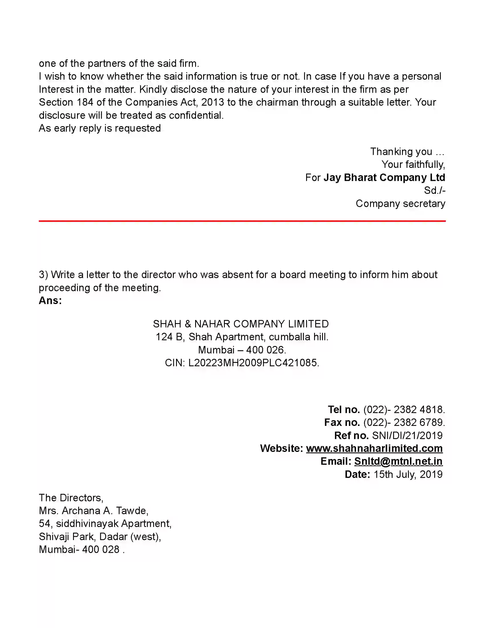 Maharashtra Board Class 11th Secretarial Practice Correspondence With Directors (Letters) Revision Note 3