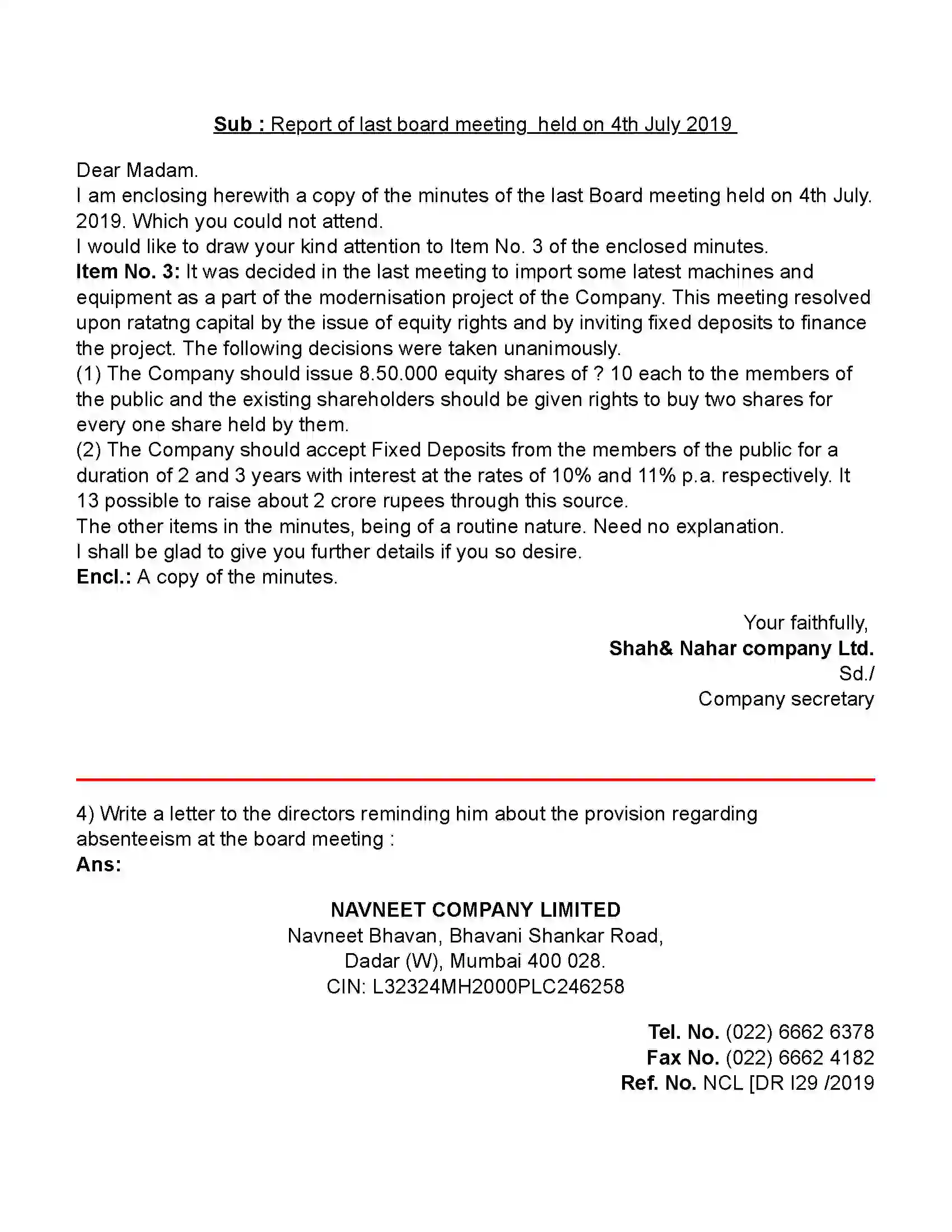 Maharashtra Board Class 11th Secretarial Practice Correspondence With Directors (Letters) Revision Note 4