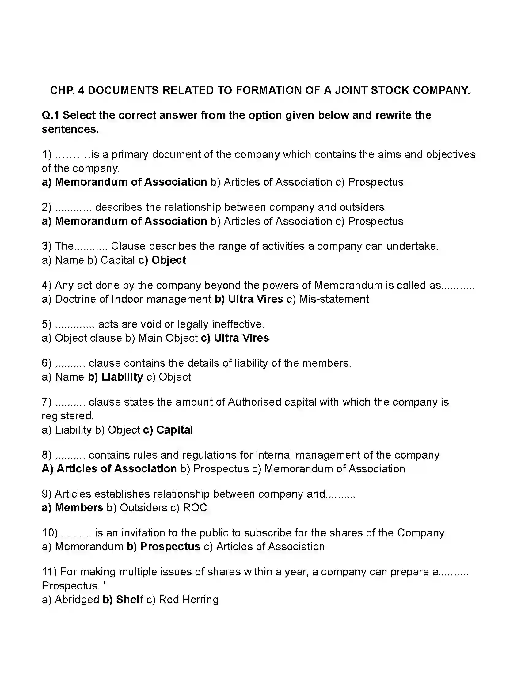 Maharashtra Board Class 11th Secretarial Practice Documents Related to Formation of a Joint Stock Company Revision Note 1