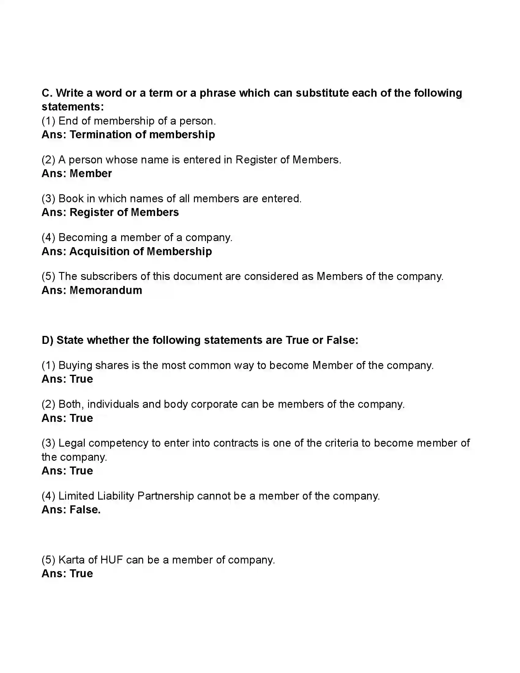 Maharashtra Board Class 11th Secretarial Practice Members of a Company Revision Note 2
