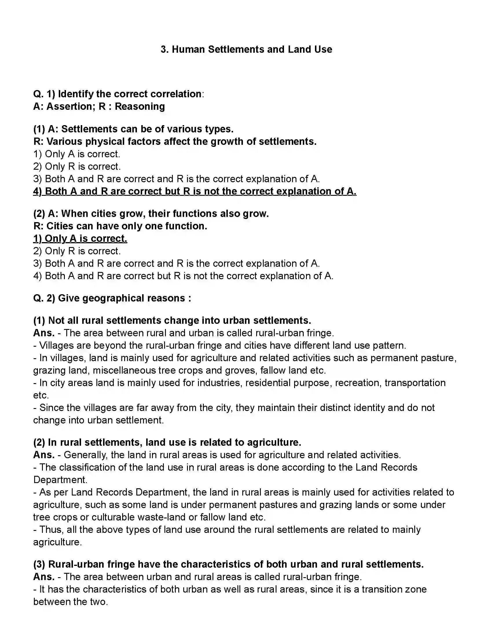 Maharashtra Board Class 12th Geography Human Settlements and Land Use Revision Note 1