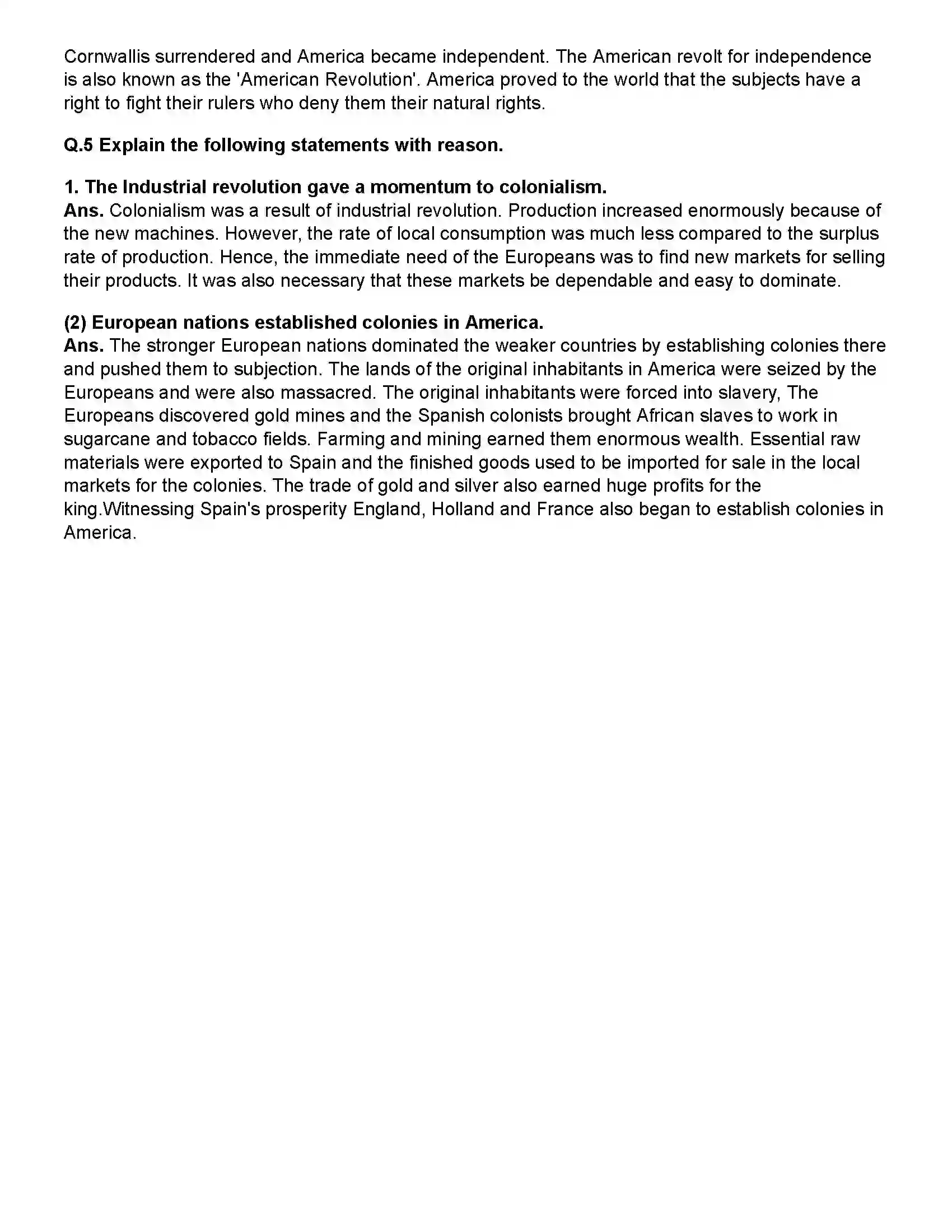 Maharashtra Board Class 12th History European Colonialism Revision Note 3