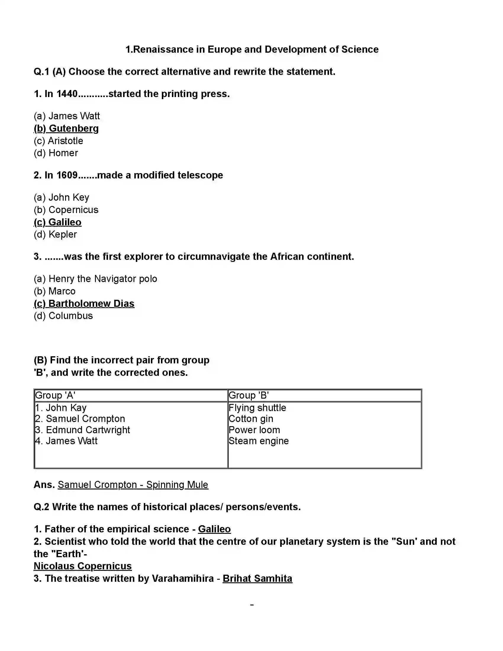 Maharashtra Board Class 12th History Renaissance in Europe & Development of Science Revision Note 1