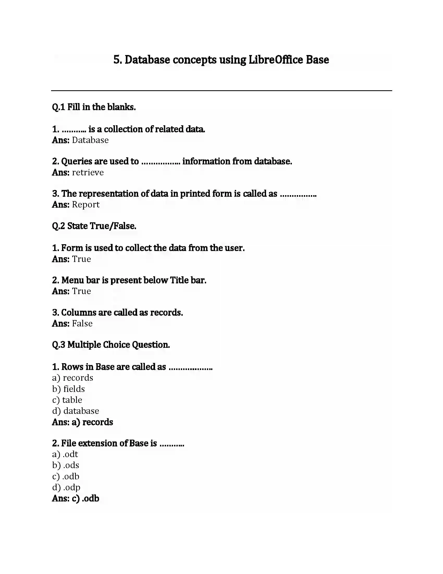 Maharashtra Board Class 12th Infromation Technology Database Concepts Using Libre Office Base Revision Note 1